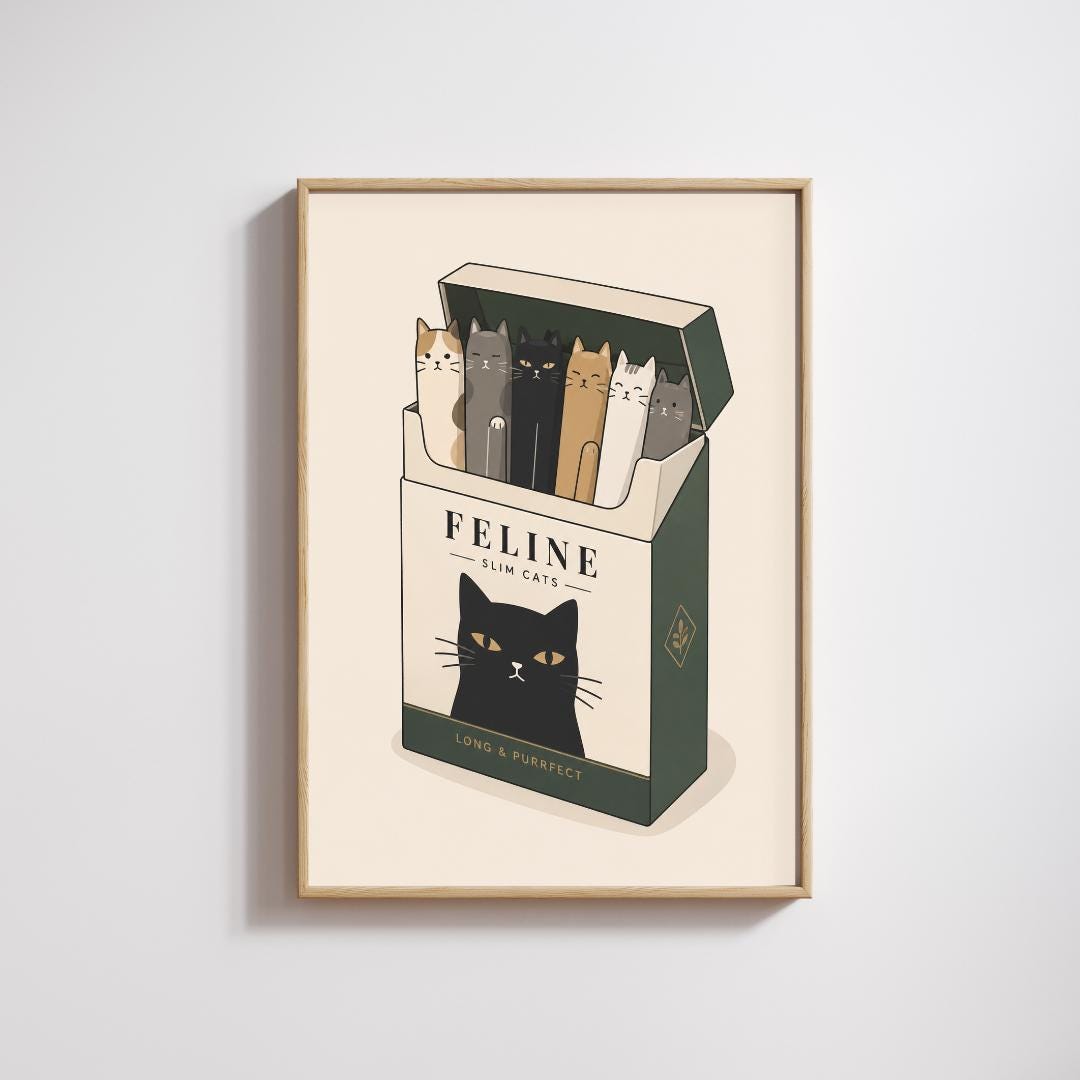 Cat Wall Art Print, Cat Cigarette Box Poster, Quirky Pet Decor wall art print
