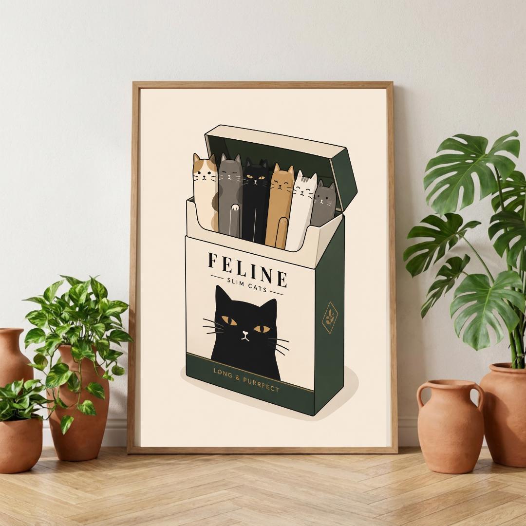 Cat Wall Art Print, Cat Cigarette Box Poster, Quirky Pet Decor wall art print