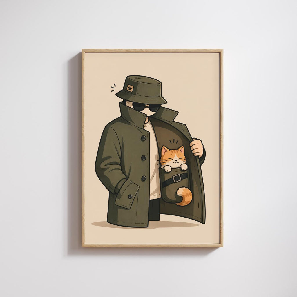 Cat Wall Art Print, Secret Agent Cat Poster, Detective Pet Decor wall art print
