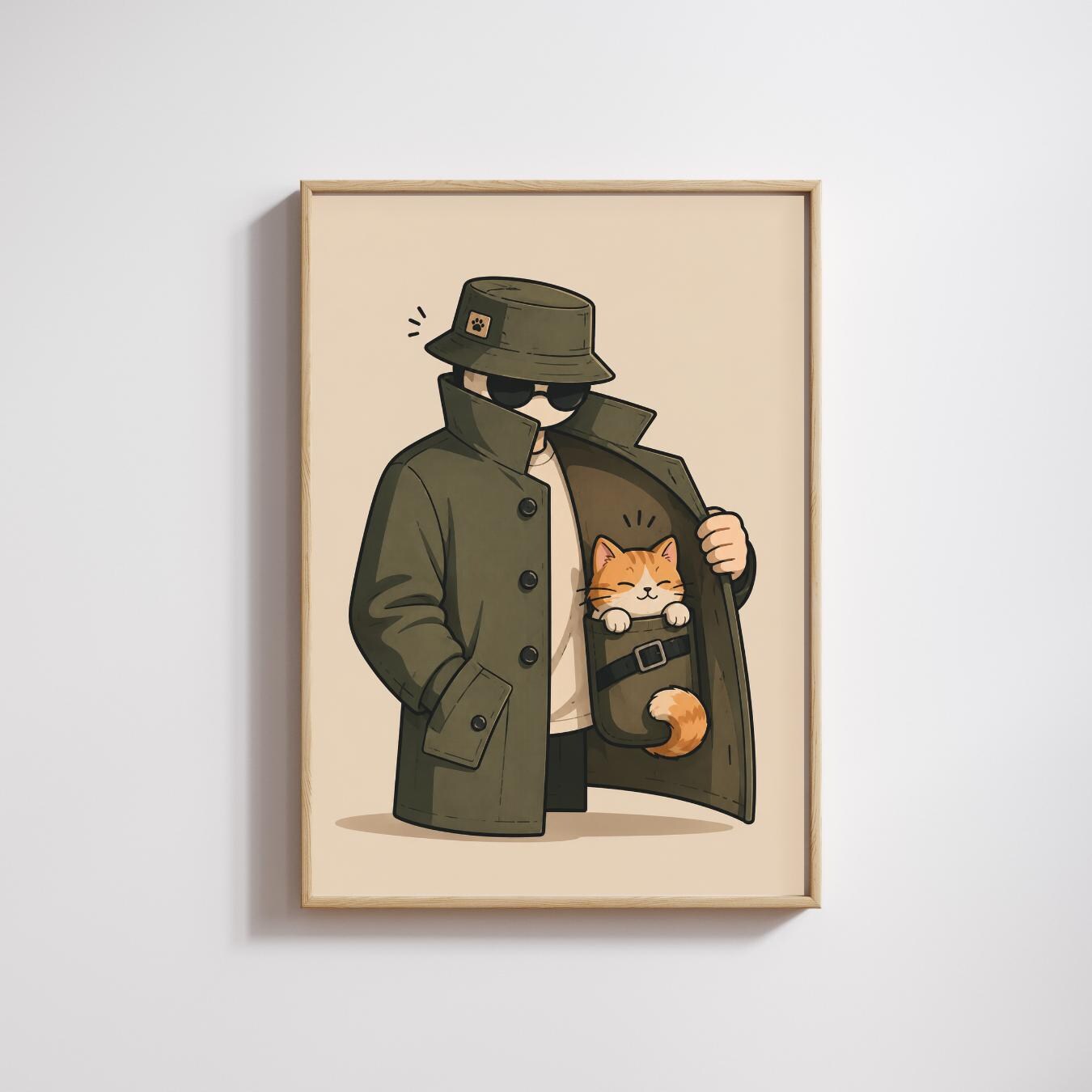 Cat Wall Art Print, Secret Agent Cat Poster, Detective Pet Decor wall art print