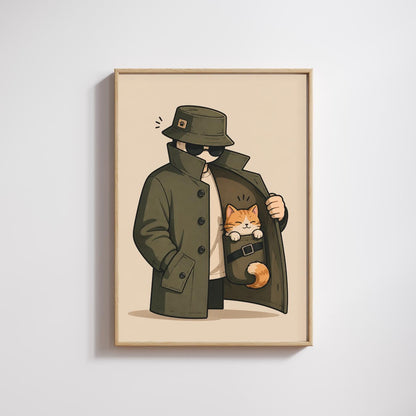 Cat Wall Art Print, Secret Agent Cat Poster, Detective Pet Decor wall art print