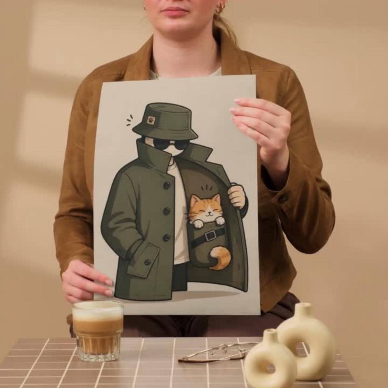 Cat Wall Art Print, Secret Agent Cat Poster, Detective Pet Decor wall art print