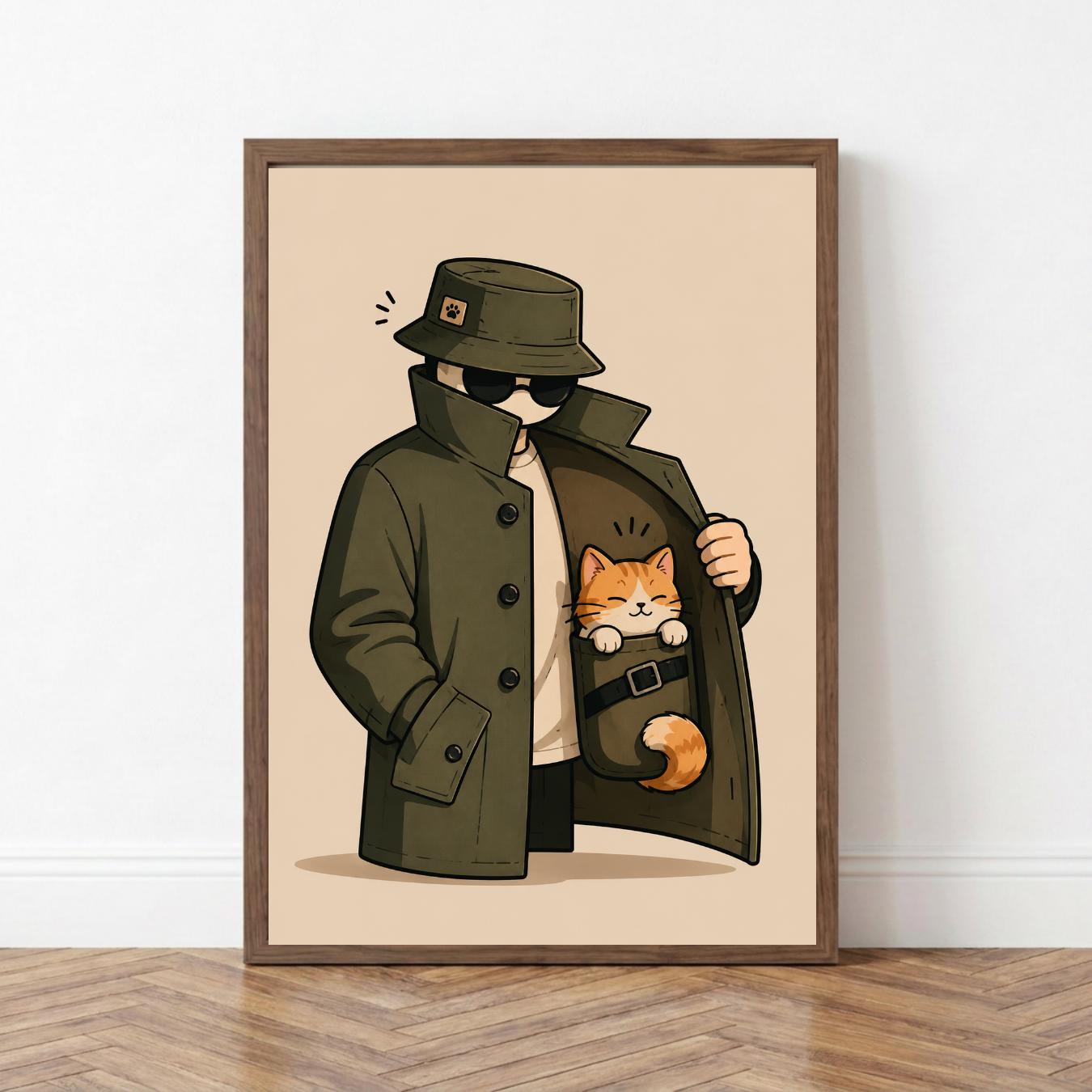 Cat Wall Art Print, Secret Agent Cat Poster, Detective Pet Decor wall art print