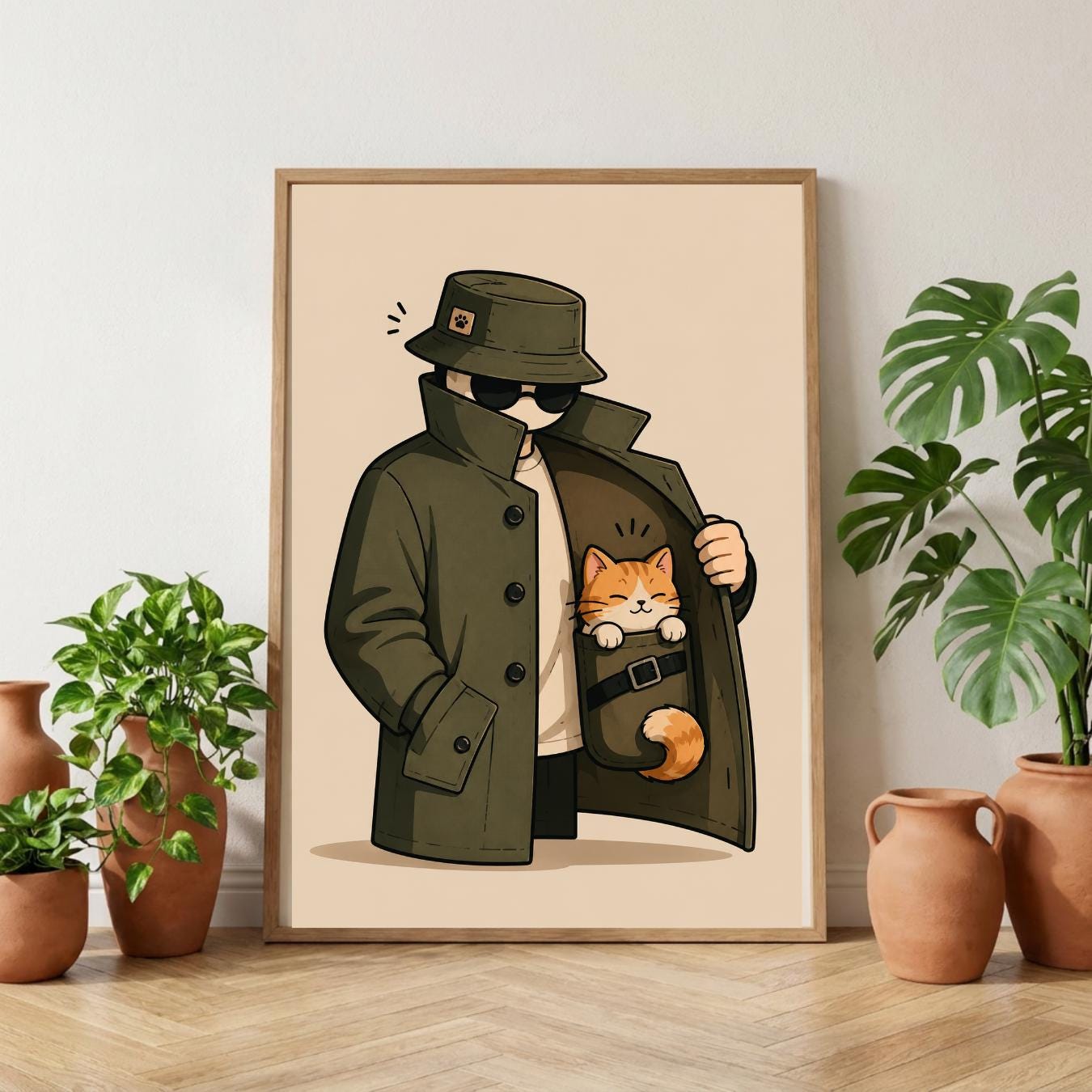 Cat Wall Art Print, Secret Agent Cat Poster, Detective Pet Decor wall art print