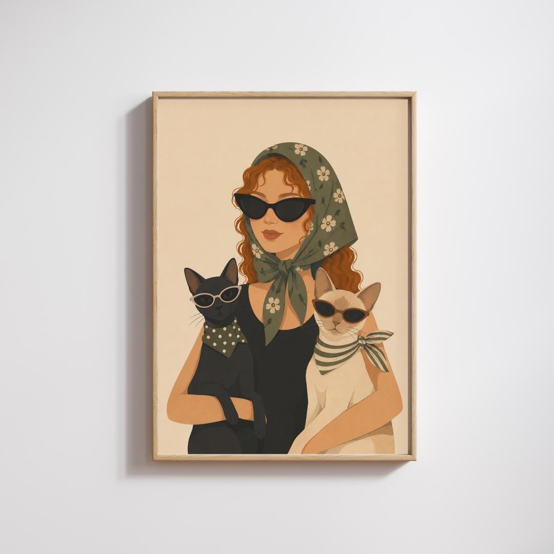 Fashion Cat Lady Wall Art Print, Chic Cat Lover Poster Decor wall art print