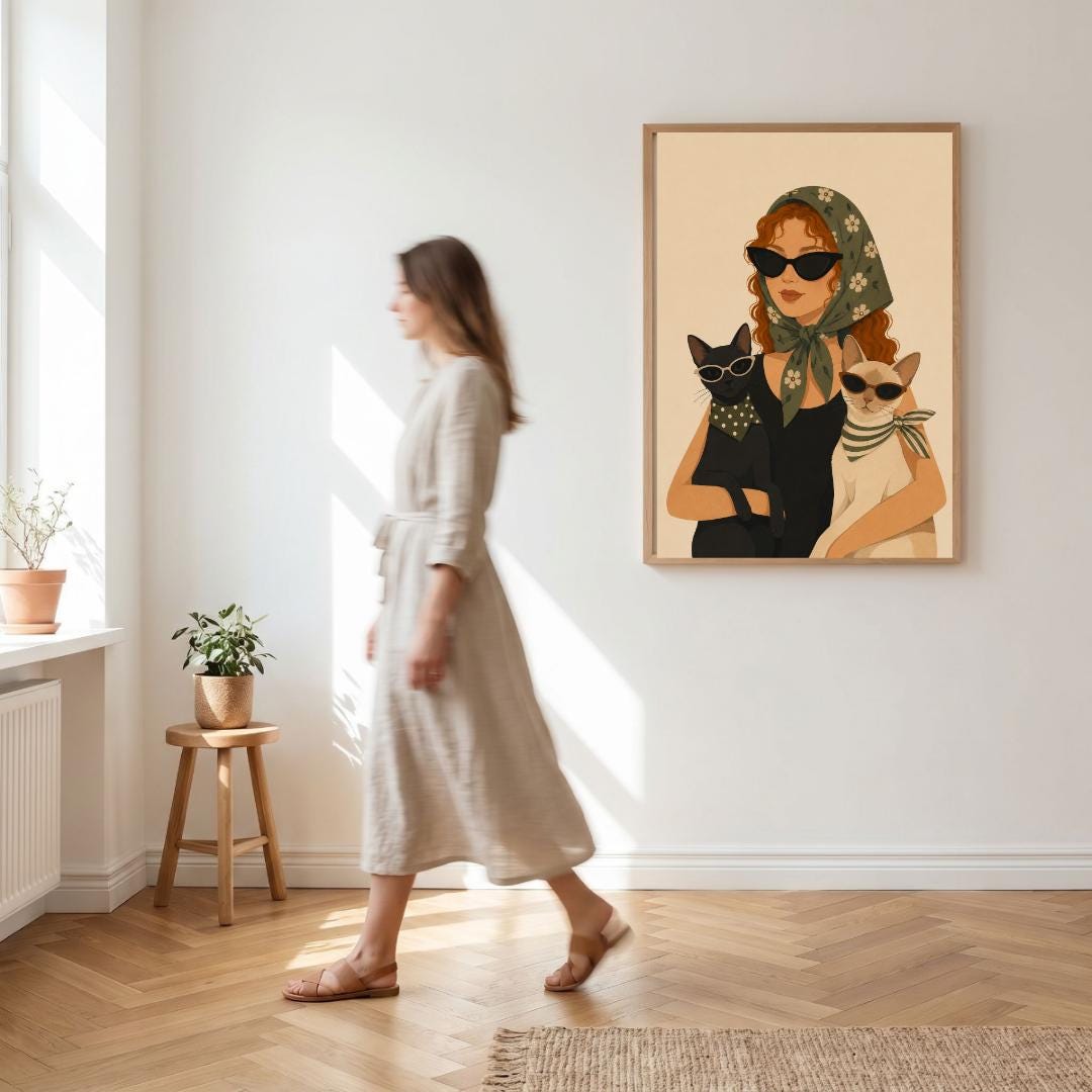 Fashion Cat Lady Wall Art Print, Chic Cat Lover Poster Decor wall art print