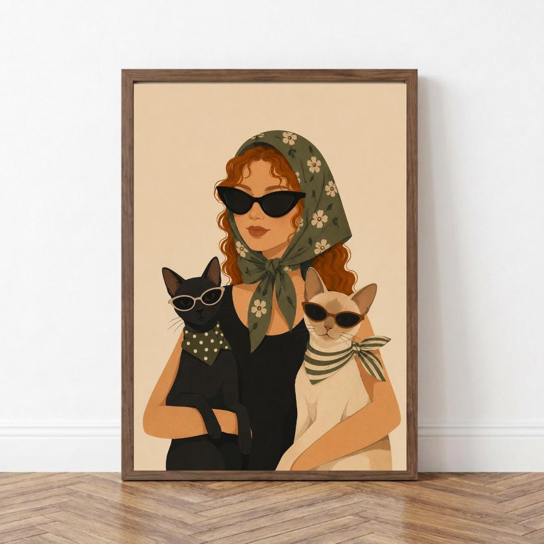 Fashion Cat Lady Wall Art Print, Chic Cat Lover Poster Decor wall art print