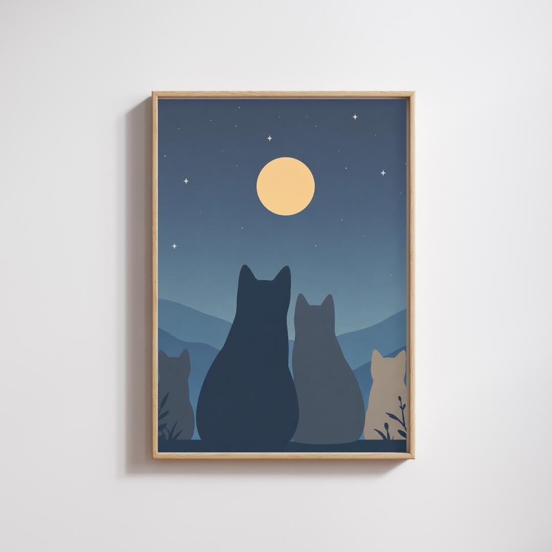Moonlit Cat Wall Art Print, Night Sky Cat Poster, Minimalist Decor wall art print
