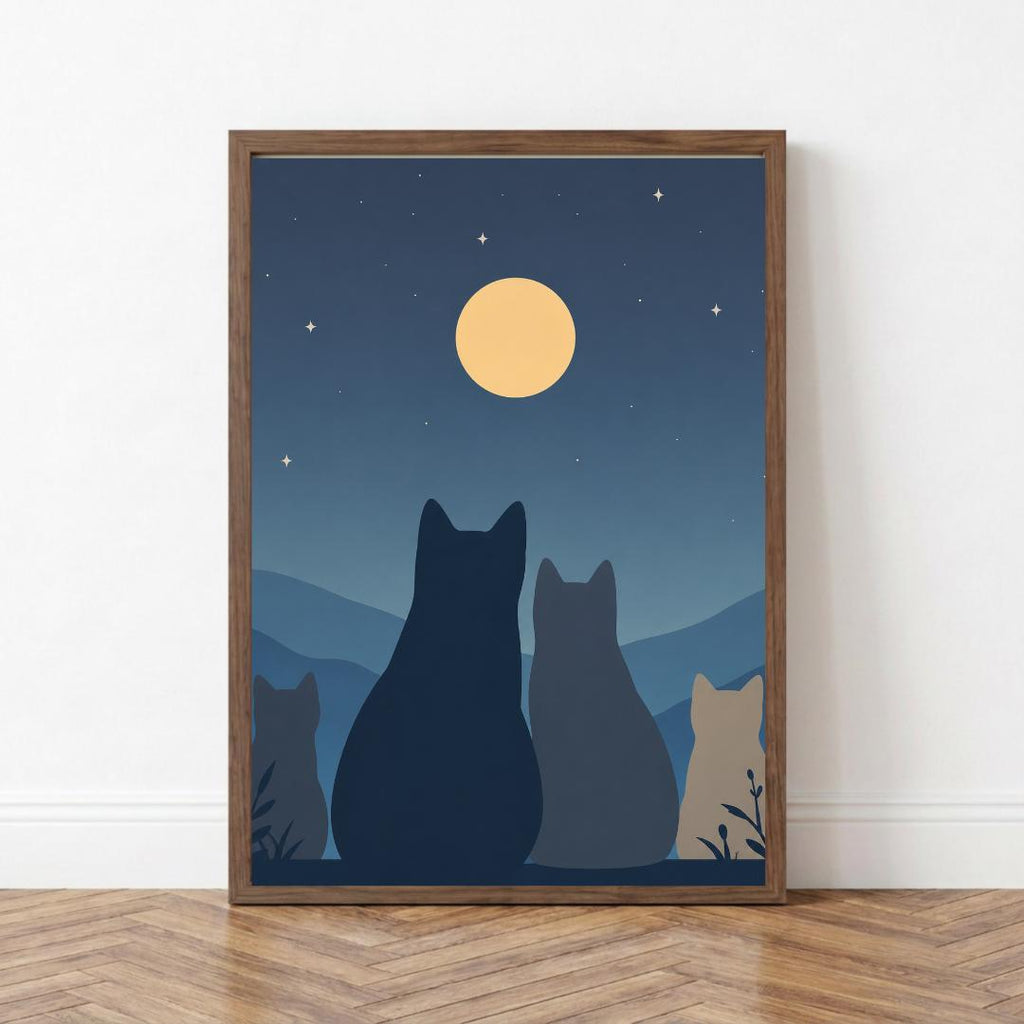 Moonlit Cat Wall Art Print, Night Sky Cat Poster, Minimalist Decor wall art print