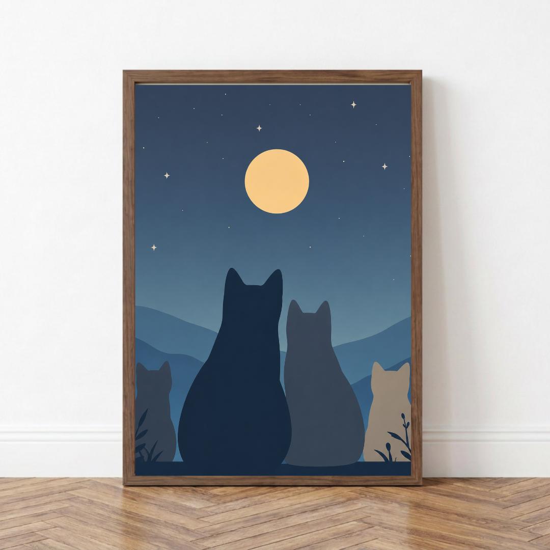 Moonlit Cat Wall Art Print, Night Sky Cat Poster, Minimalist Decor wall art print
