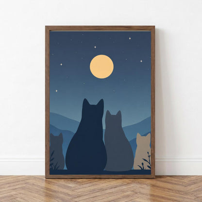 Moonlit Cat Wall Art Print, Night Sky Cat Poster, Minimalist Decor wall art print