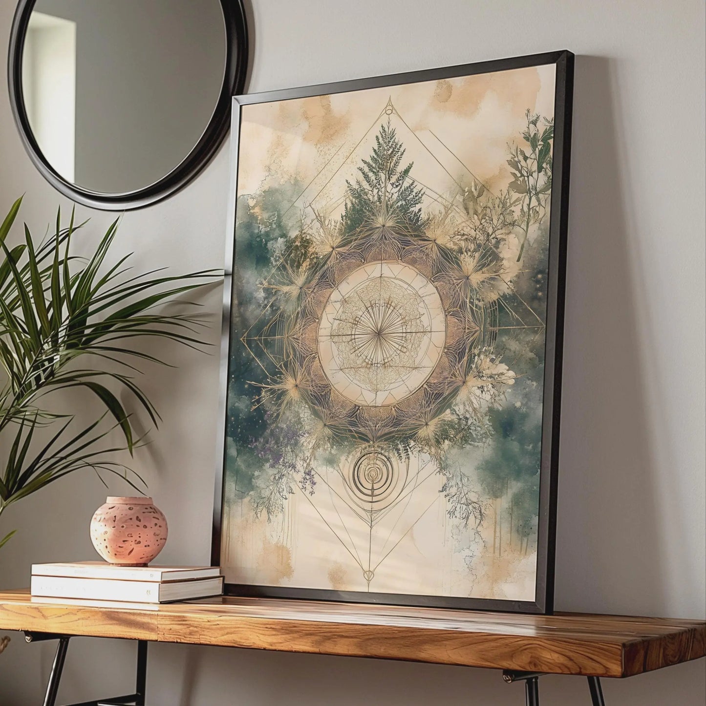 Boho Sacred Geometry Poster, Botanical Mandala Wall Art, Earthy Mystical Print wall art print