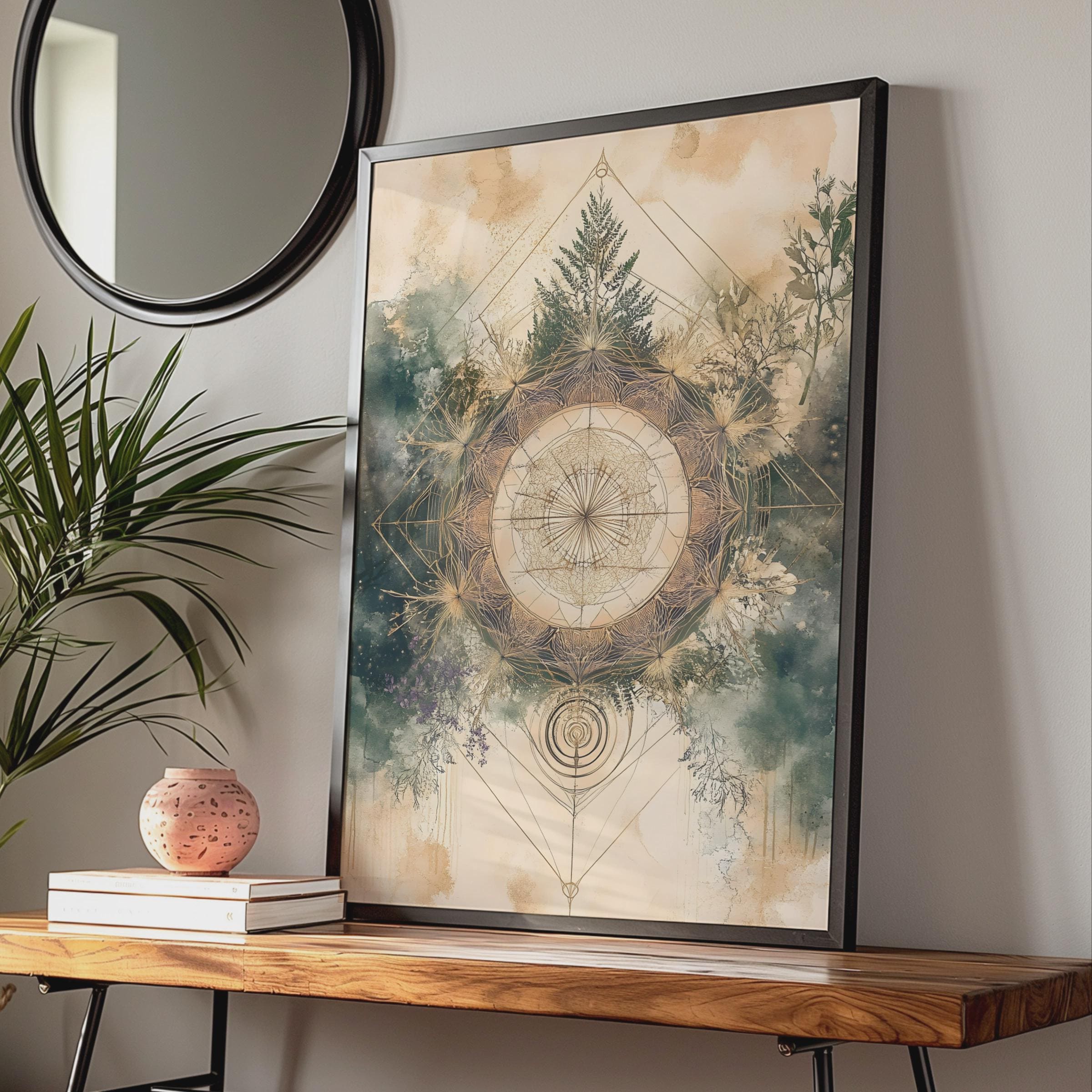 Boho Sacred Geometry Poster, Botanical Mandala Wall Art, Earthy Mystical Print wall art print
