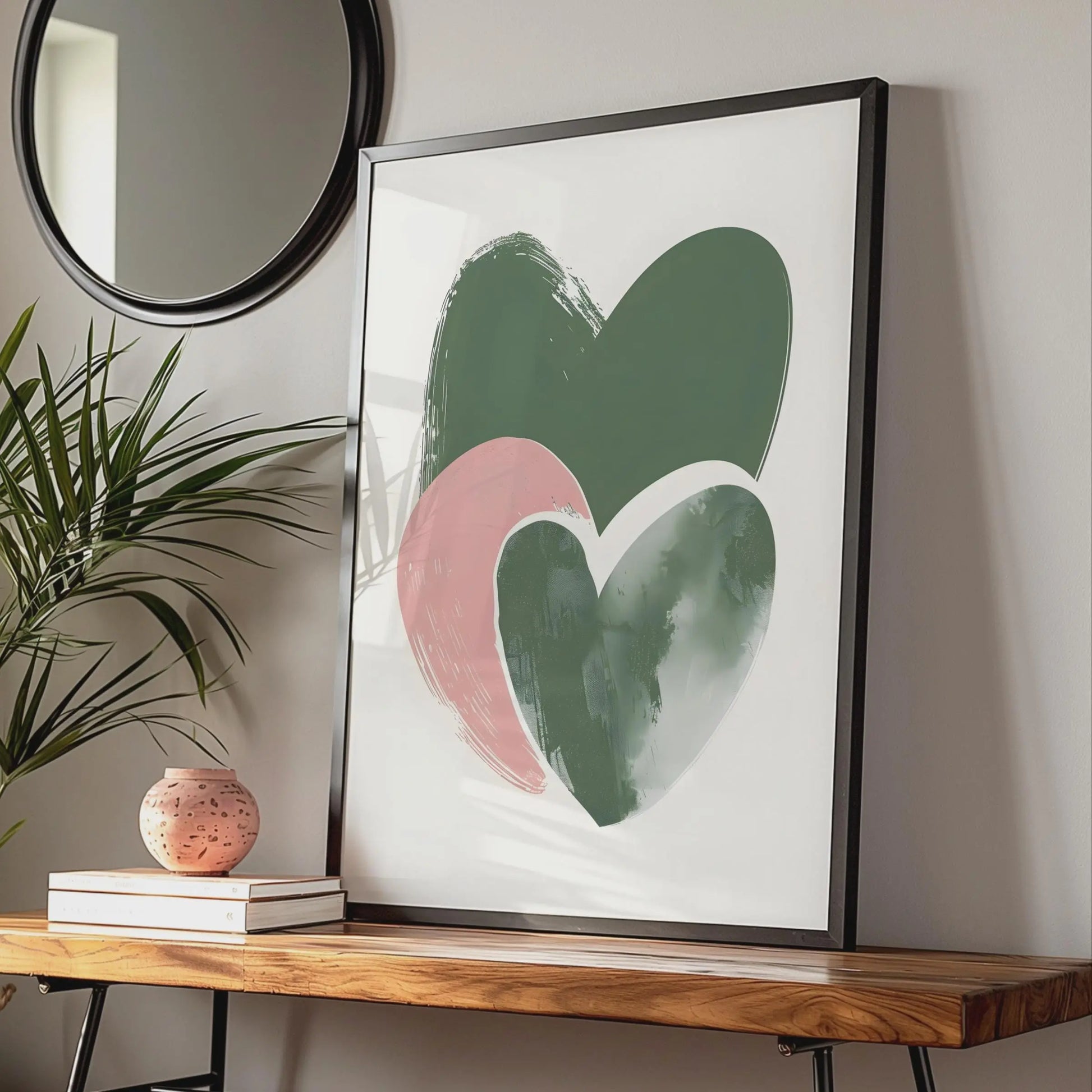Boho Heart Wall Art, Abstract Modern Poster, Green and Pink Hearts, Minimalist Home Decor wall art print