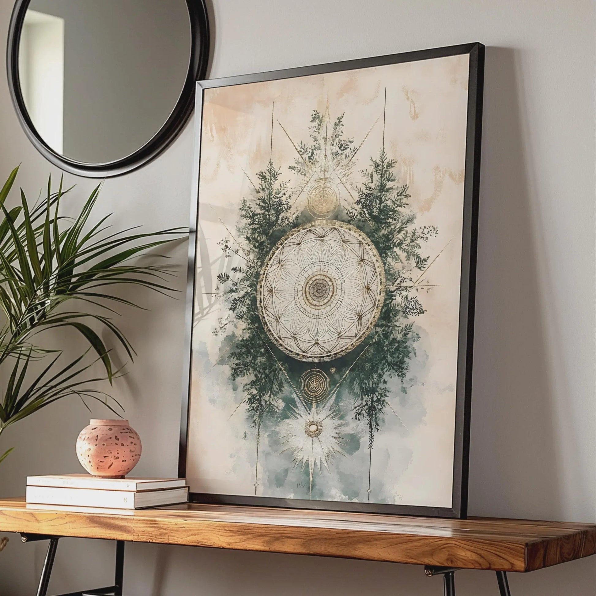 Boho Floral Mandala Wall Art, Ethereal Geometric Decor, Minimalist Poster for Home & Office wall art print