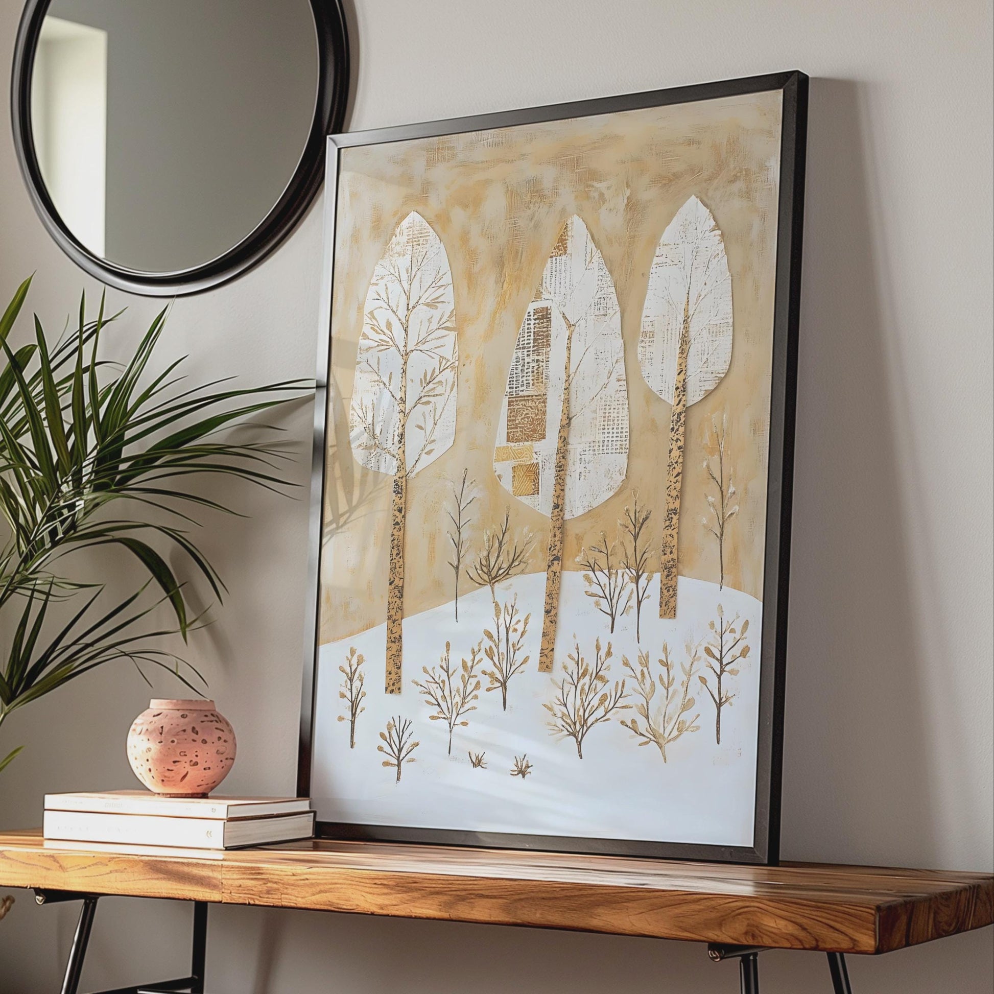 Boho Tree Wall Art, Abstract Nature Print, Gold White Beige Decor wall art print