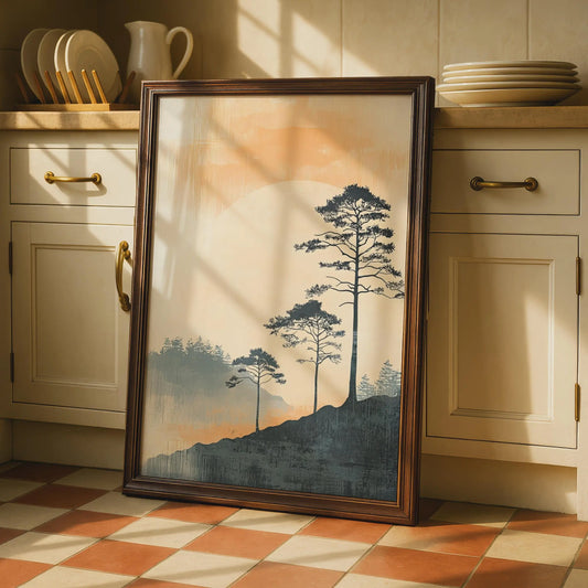 Boho Style Landscape Art Print, Minimalist Mountain Poster, Nature Wall Decor, Pine Trees Artwork wall art print