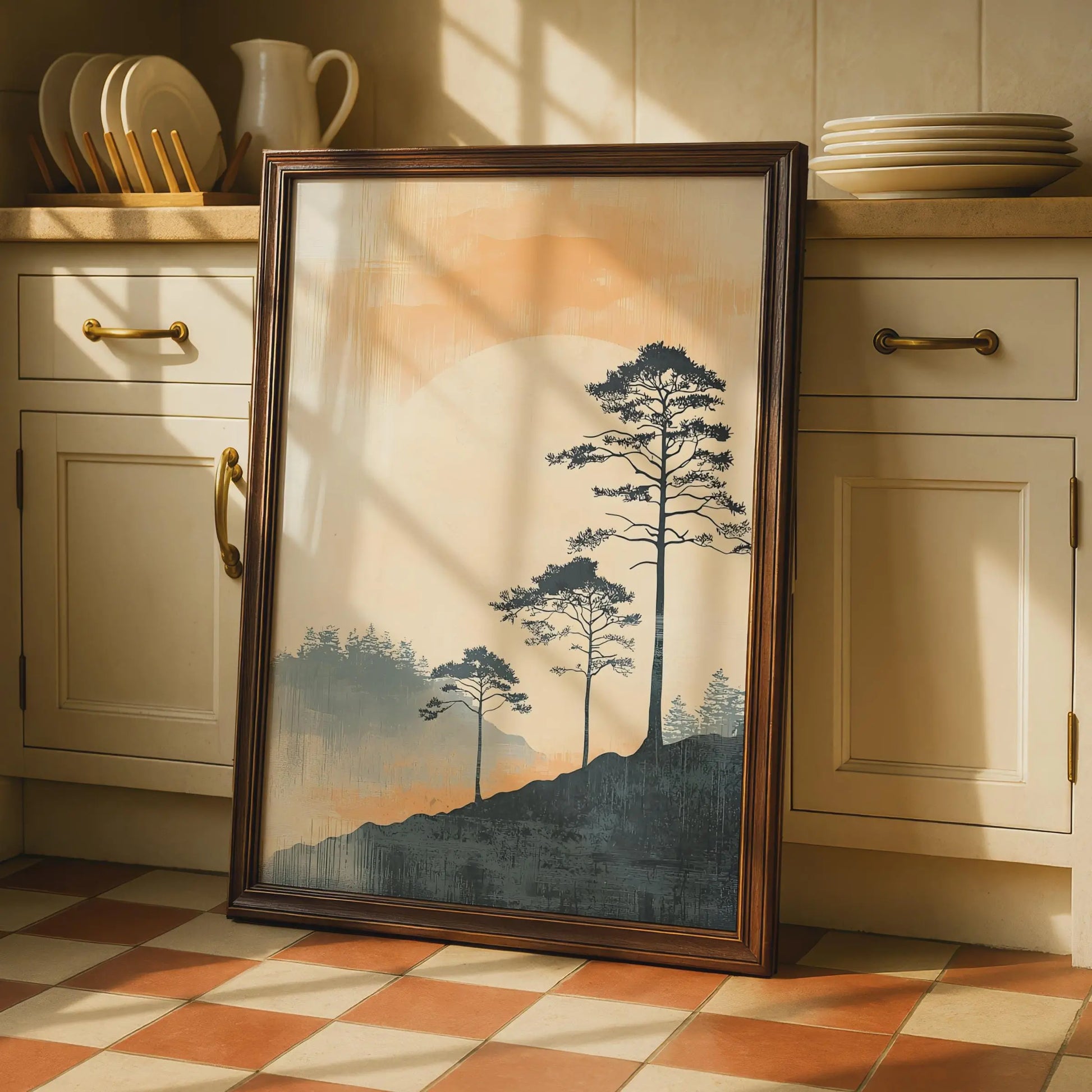 Boho Style Landscape Art Print, Minimalist Mountain Poster, Nature Wall Decor, Pine Trees Artwork wall art print