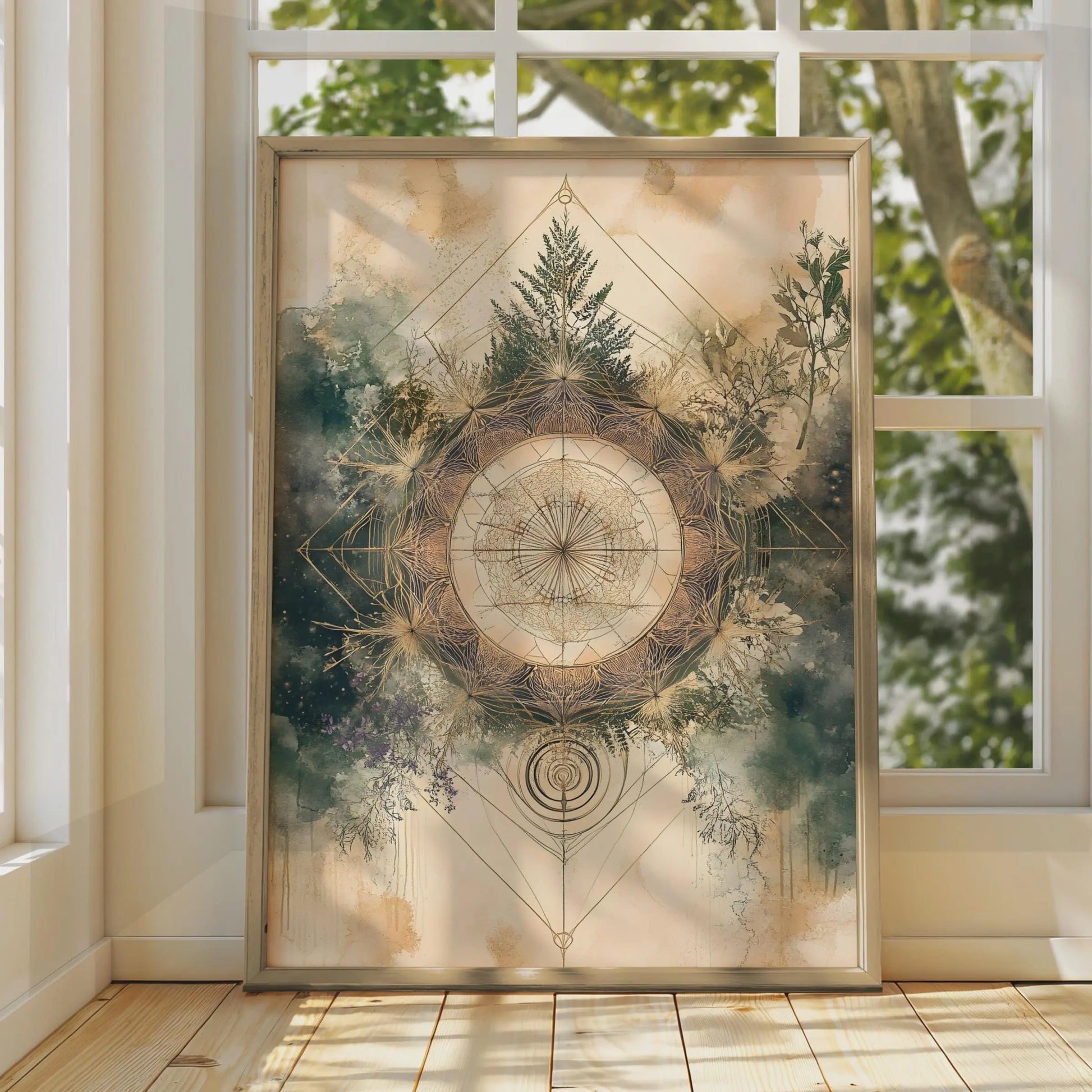 Boho Sacred Geometry Poster, Botanical Mandala Wall Art, Earthy Mystical Print wall art print