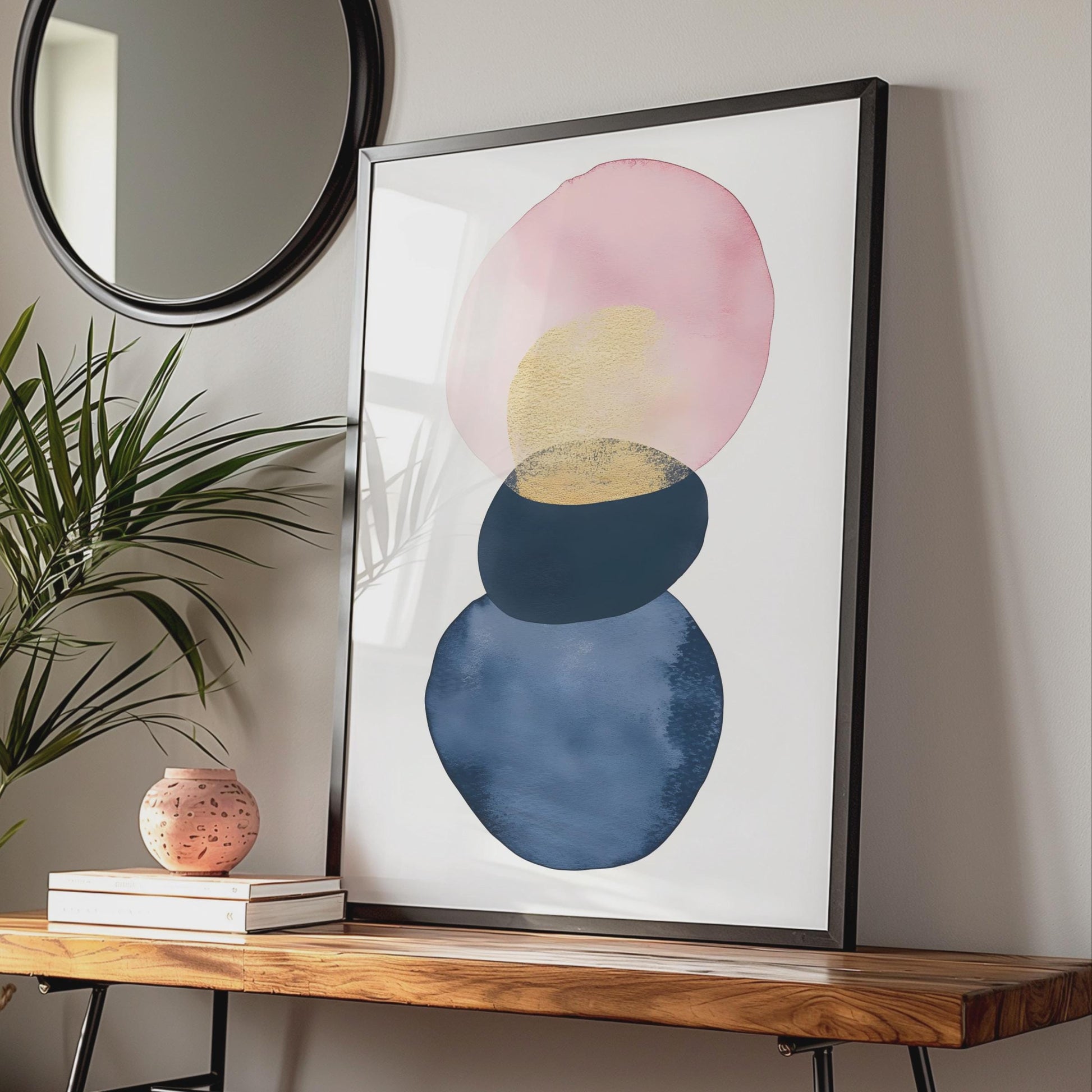 Boho Abstract Wall Art, Watercolour Circles in Pink, Gold, and Blue, Minimalist Decor Print wall art print
