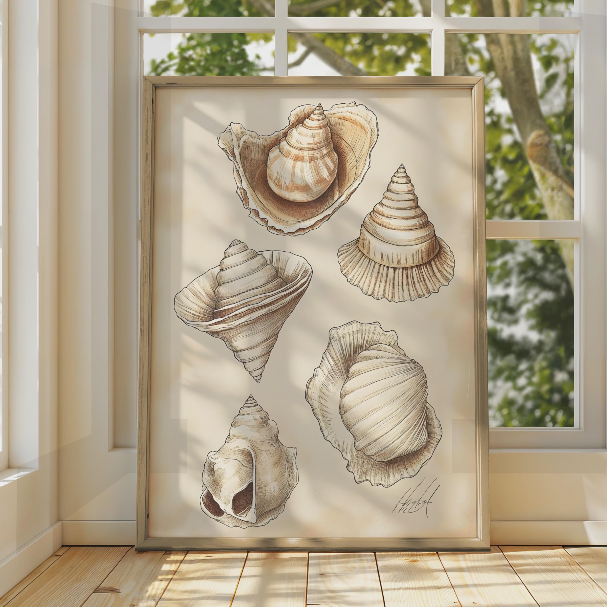 Vintage Shell Illustrations Art Print, Coastal Nautical Wall Decor wall art print