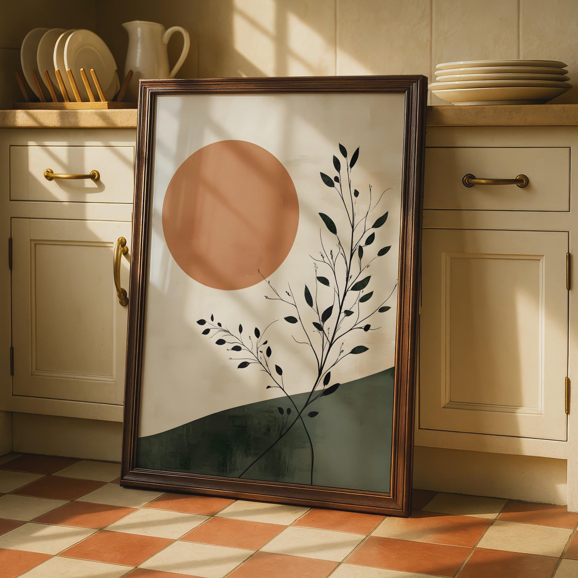 Boho Sun and Black Leaves Art Print, Warm Toned Nature Wall Decor wall art print