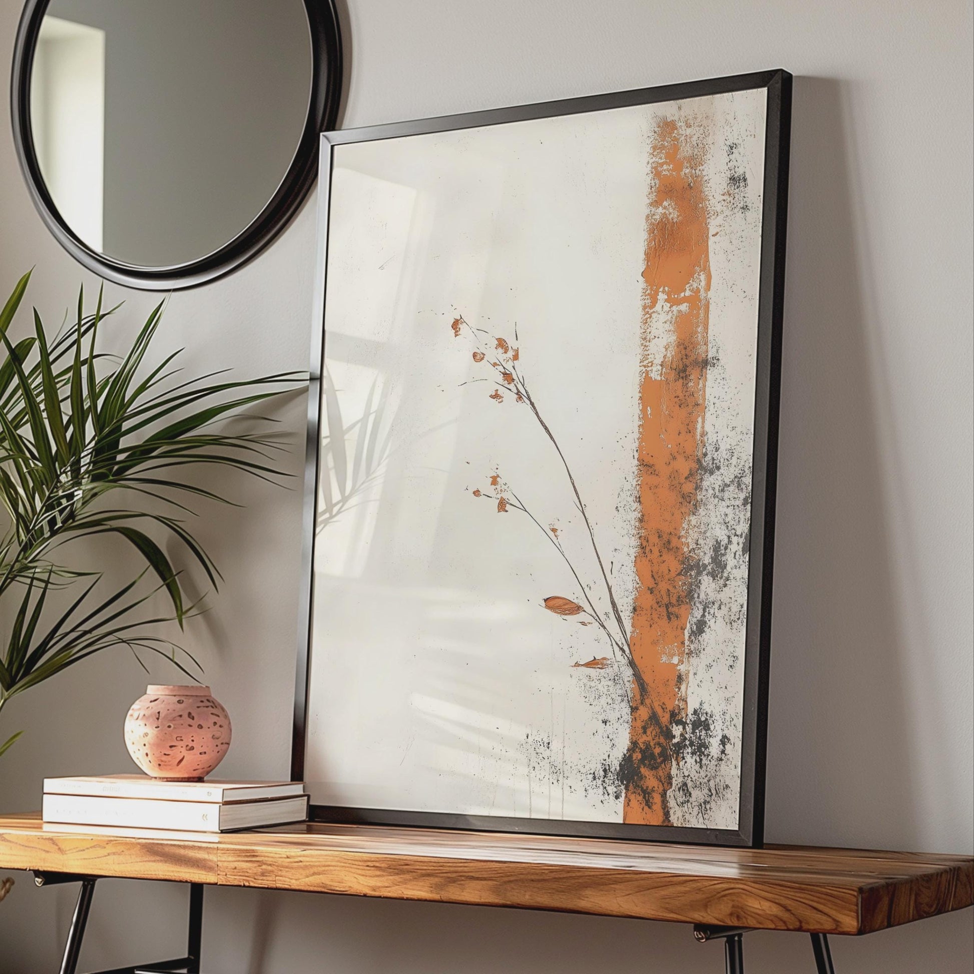 Boho Minimalist Floral Wall Art, Earthy Orange Print, Modern Botanical Decor, Living Room Artwork wall art print