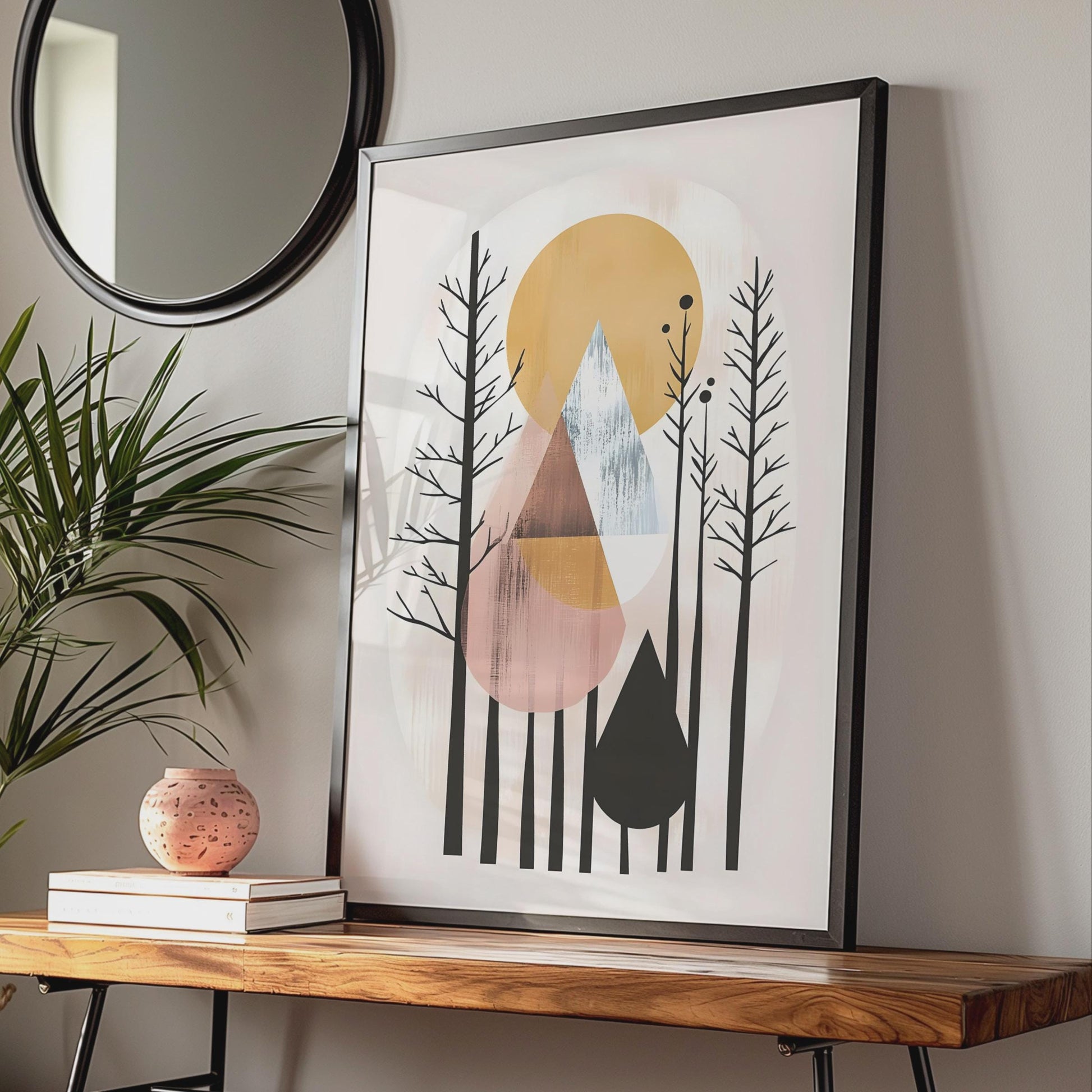Boho Abstract Forest Art Print, Geometric Mountain Poster, Minimalist Wall Decor, Nature Inspired wall art print