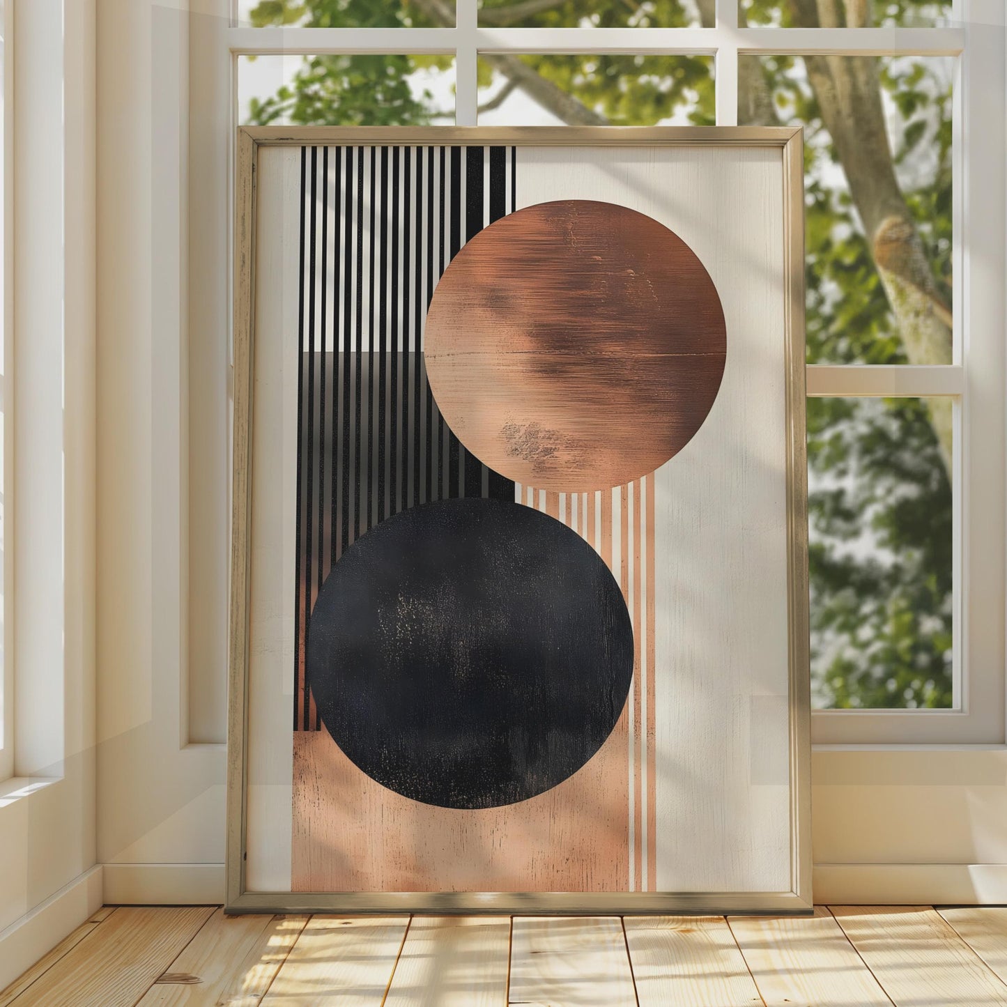 Boho Abstract Wall Art Print, Geometric Circles with Copper and Black, Modern Home Decor wall art print
