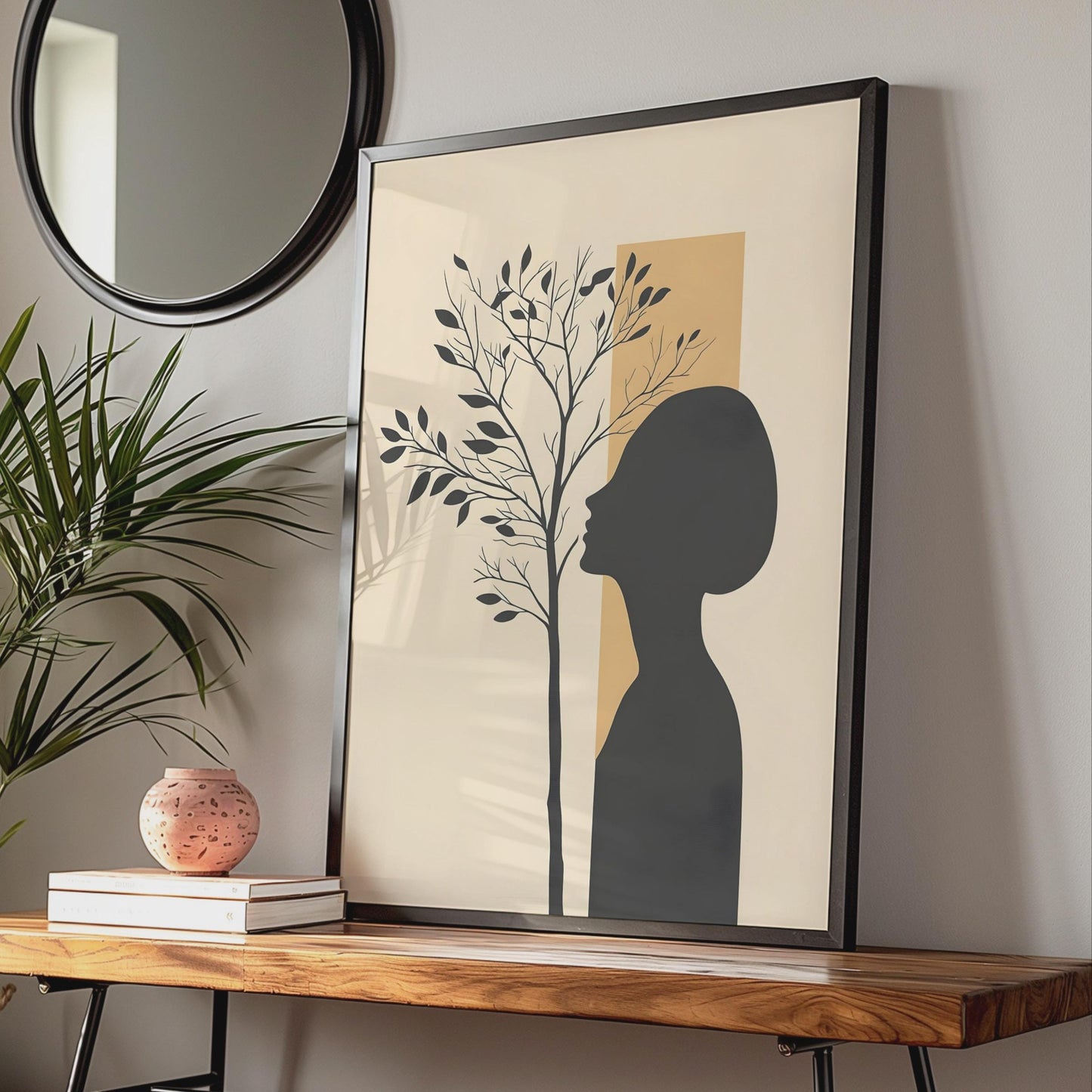 Boho Woman Silhouette Tree Art Print, Minimalist Neutral Wall Decor wall art print