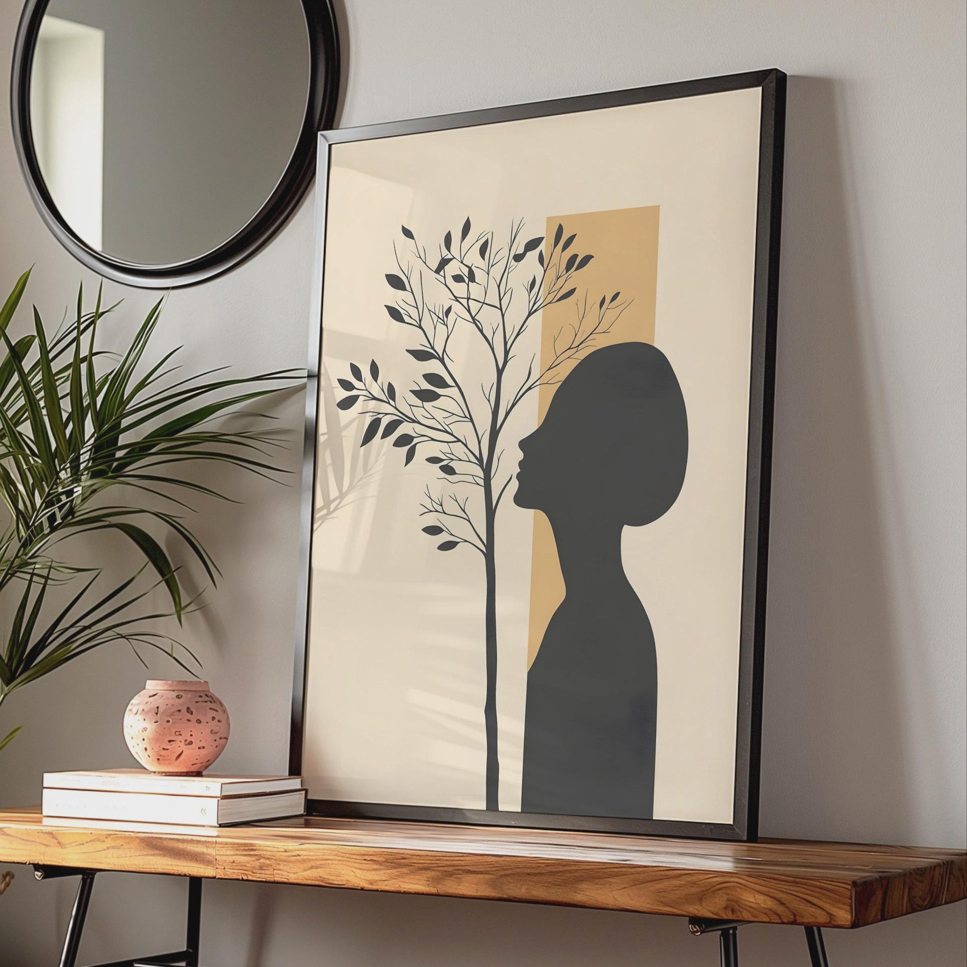 Boho Woman Silhouette Tree Art Print, Minimalist Neutral Wall Decor wall art print