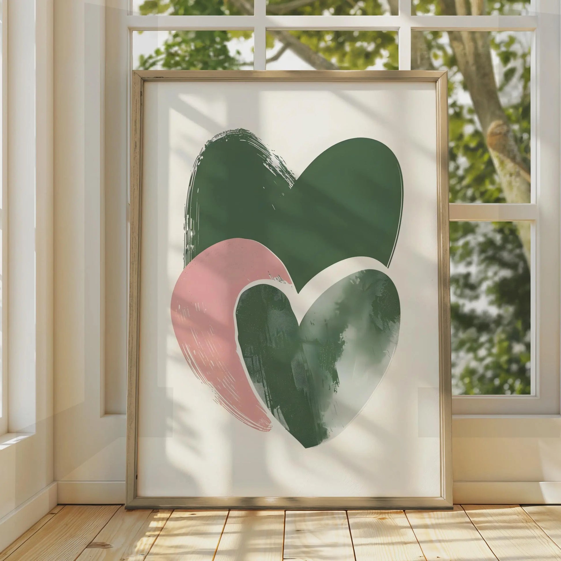 Boho Heart Wall Art, Abstract Modern Poster, Green and Pink Hearts, Minimalist Home Decor wall art print