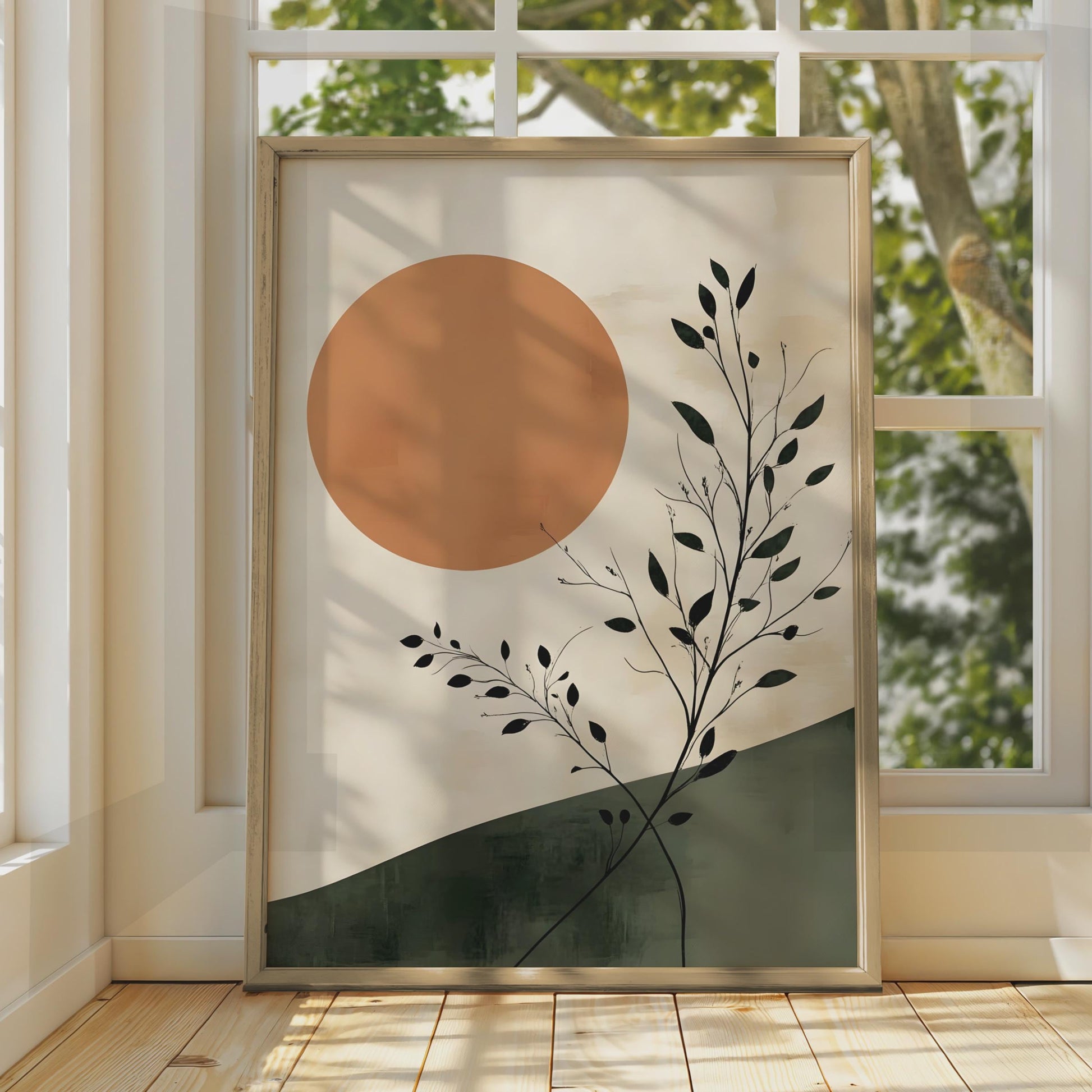 Boho Sun and Black Leaves Art Print, Warm Toned Nature Wall Decor wall art print