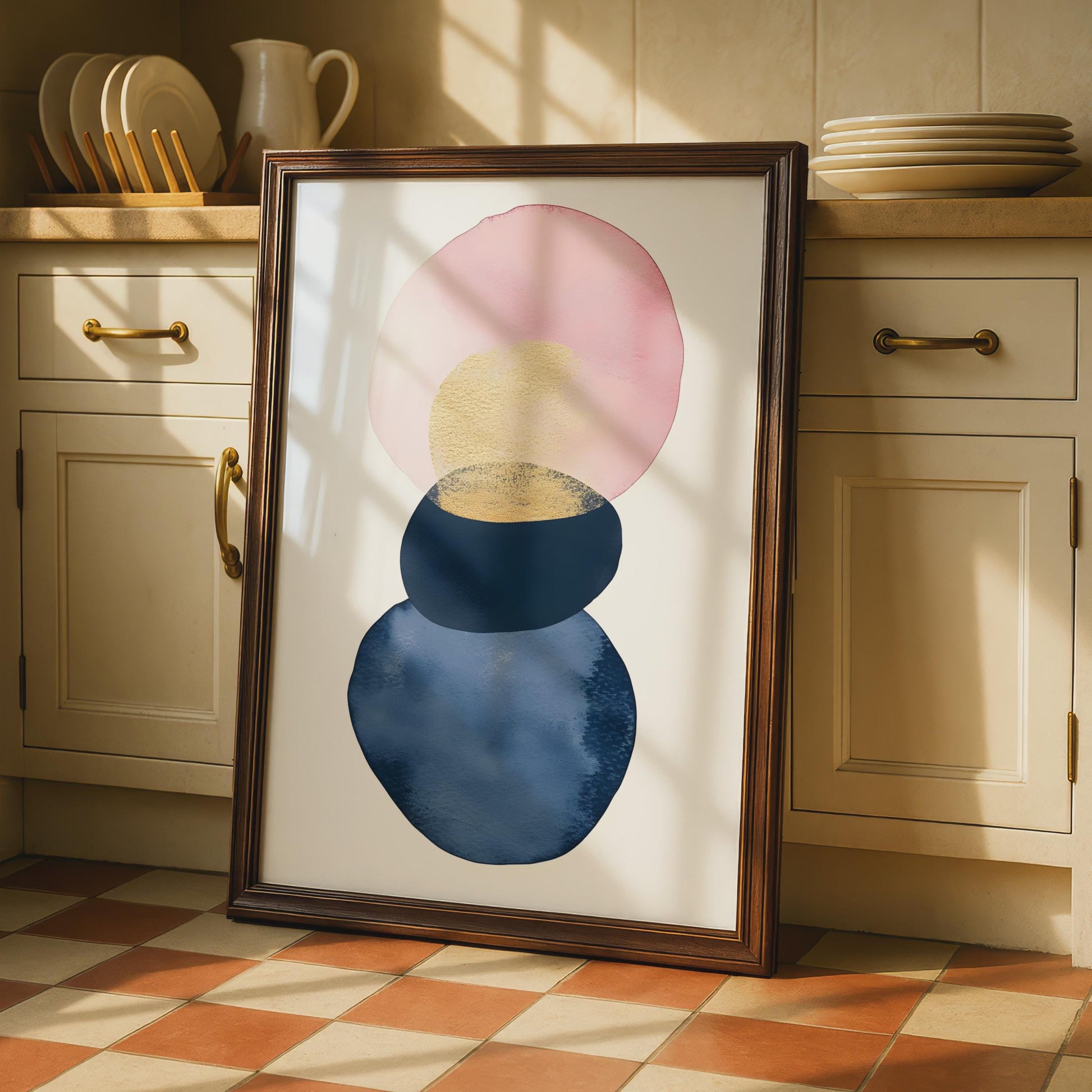 Boho Abstract Wall Art, Watercolour Circles in Pink, Gold, and Blue, Minimalist Decor Print wall art print