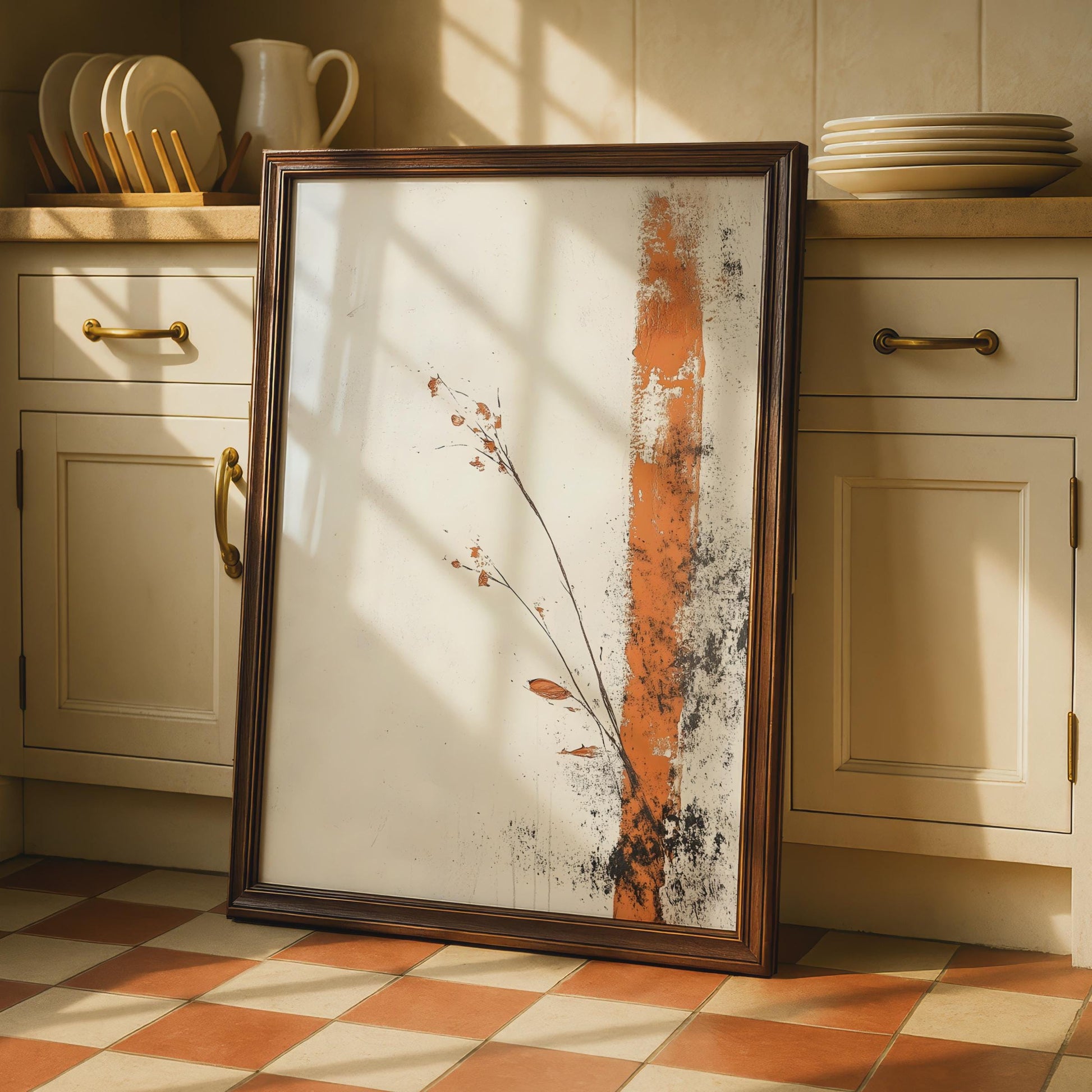 Boho Minimalist Floral Wall Art, Earthy Orange Print, Modern Botanical Decor, Living Room Artwork wall art print