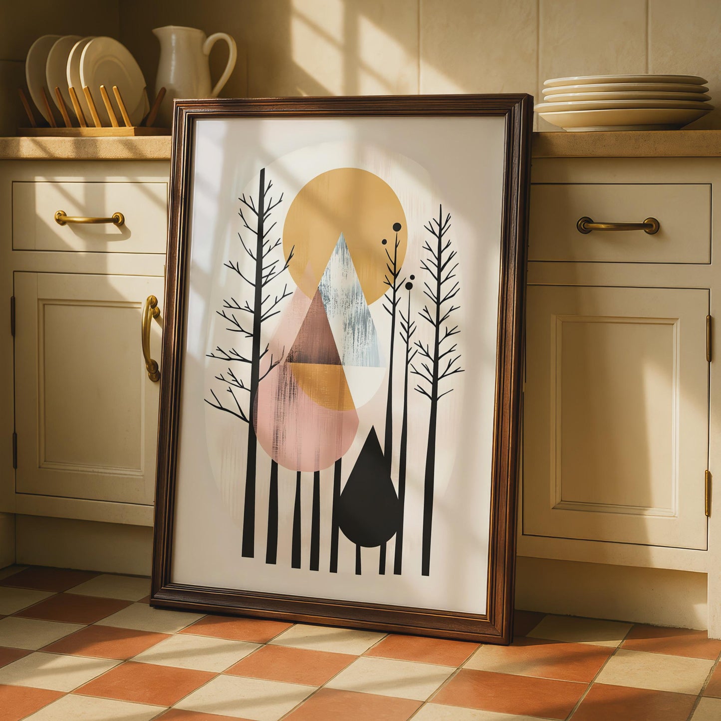 Boho Abstract Forest Art Print, Geometric Mountain Poster, Minimalist Wall Decor, Nature Inspired wall art print