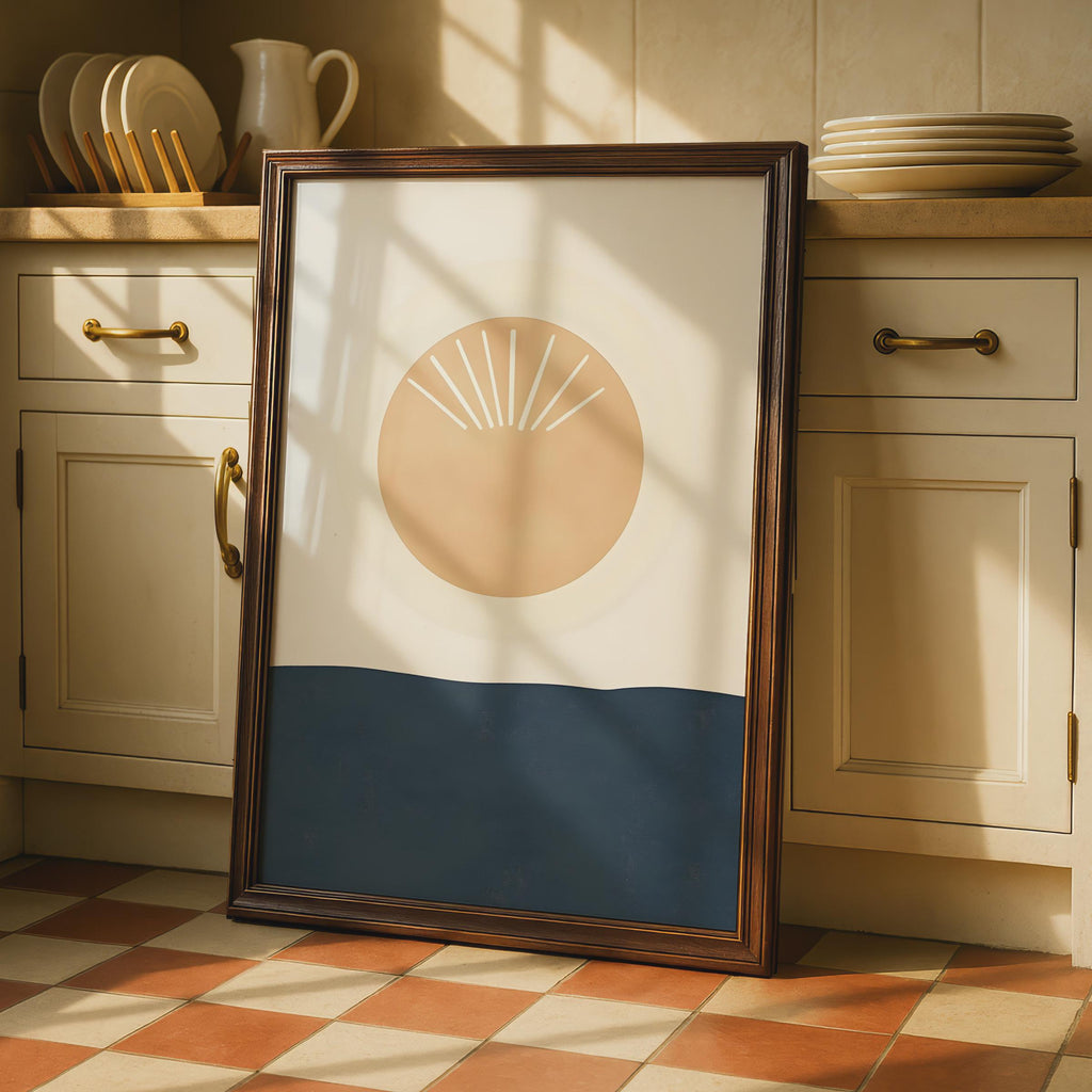 Minimalist Boho Sun Print, Beige Navy Abstract Scandinavian Poster wall art print