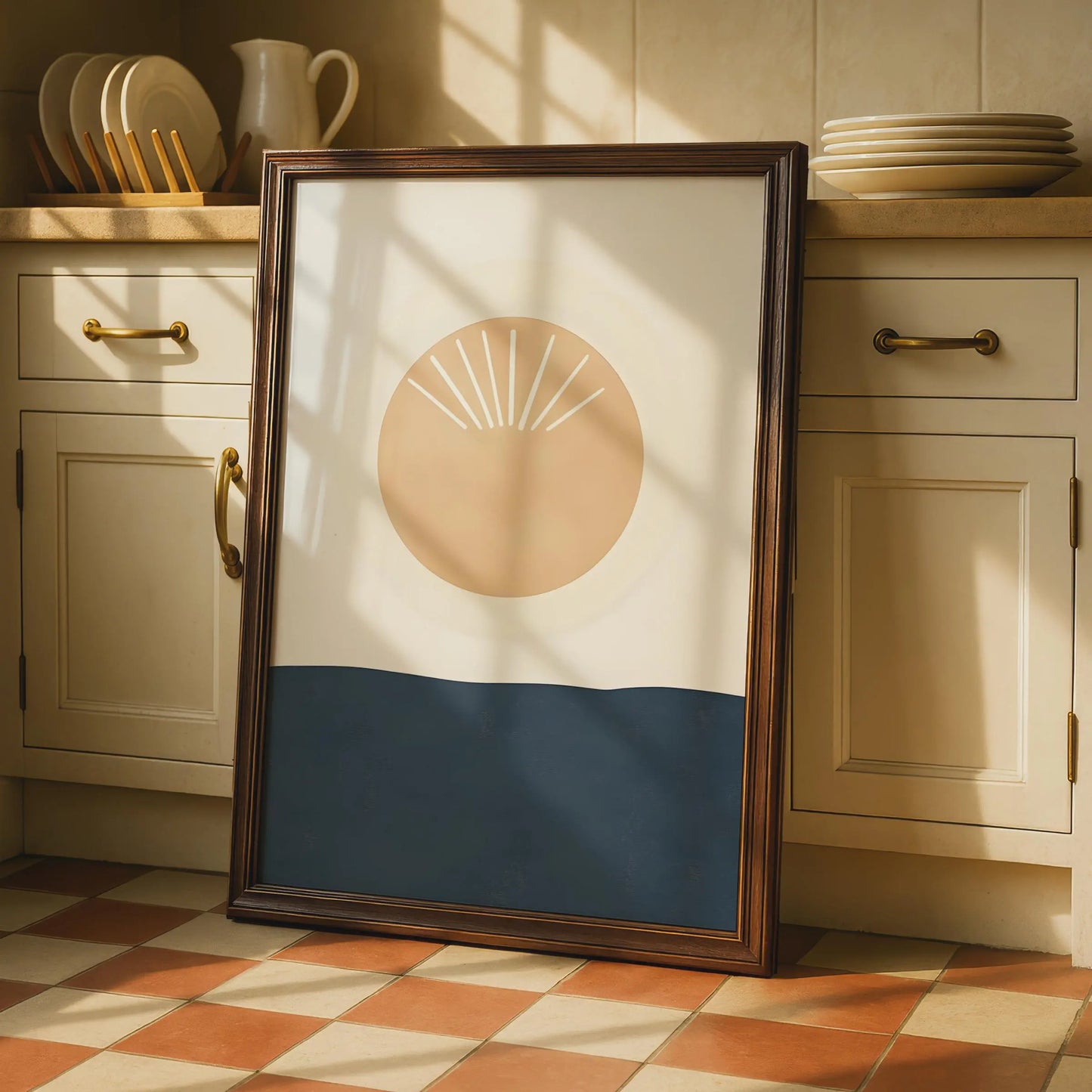 Minimalist Boho Sun Print, Beige Navy Abstract Scandinavian Poster wall art print