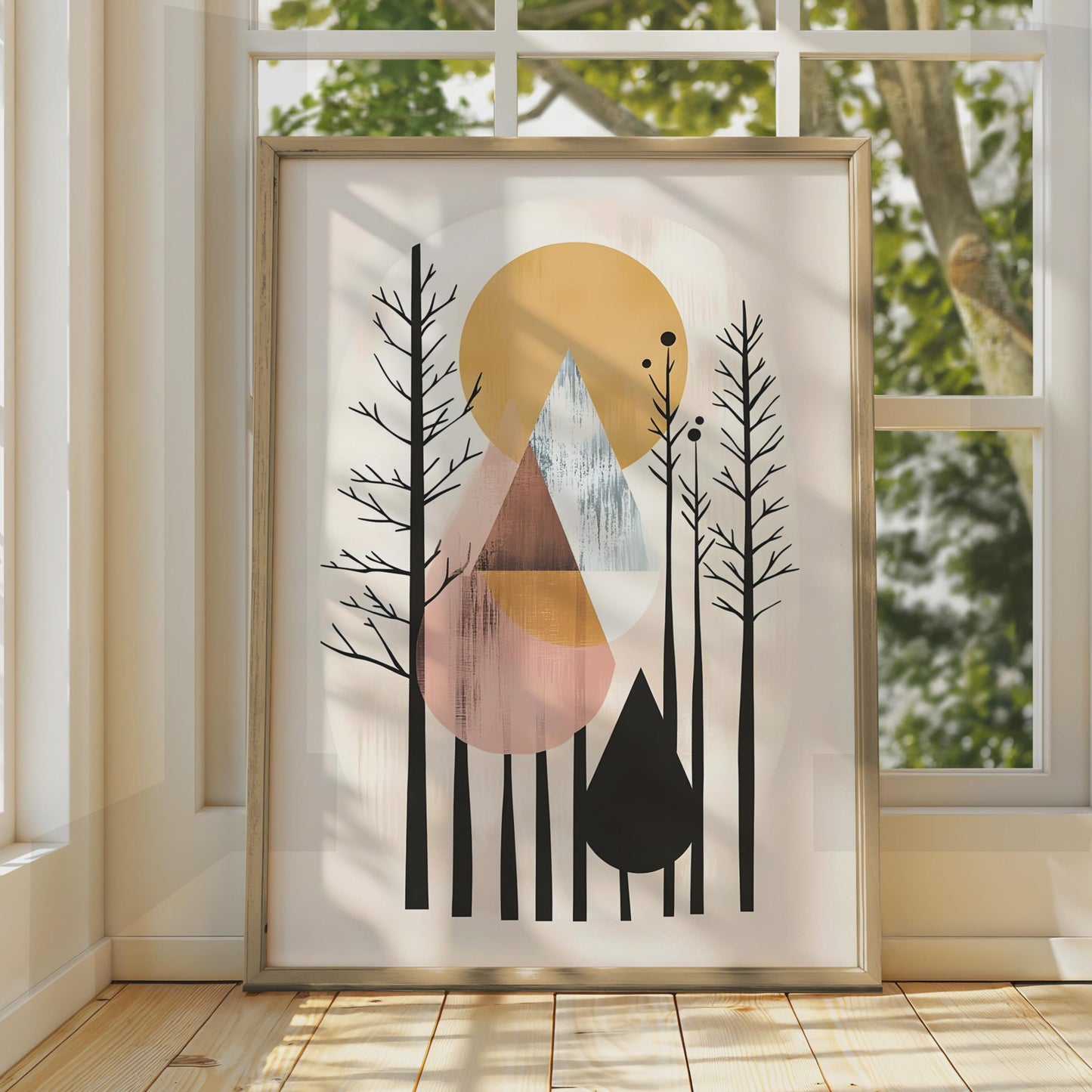 Boho Abstract Forest Art Print, Geometric Mountain Poster, Minimalist Wall Decor, Nature Inspired wall art print