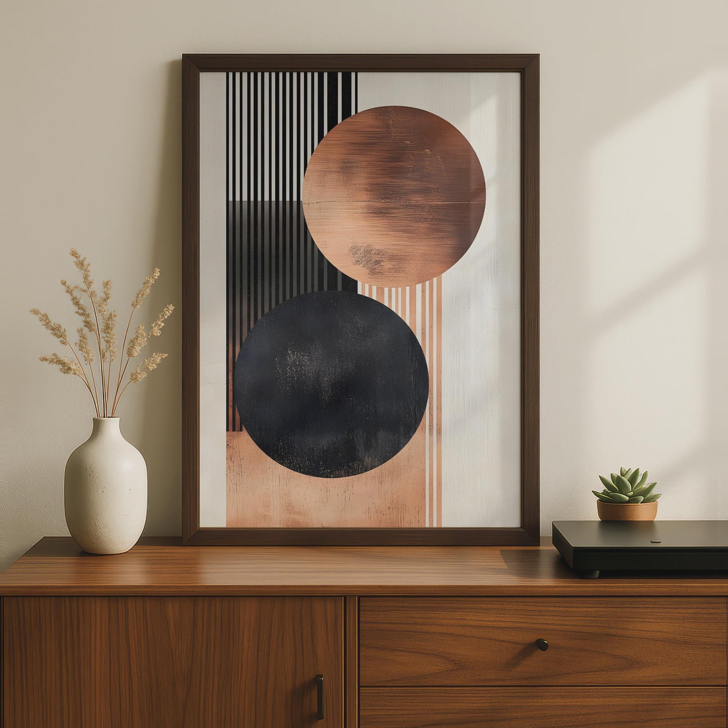Boho Abstract Wall Art Print, Geometric Circles with Copper and Black, Modern Home Decor wall art print