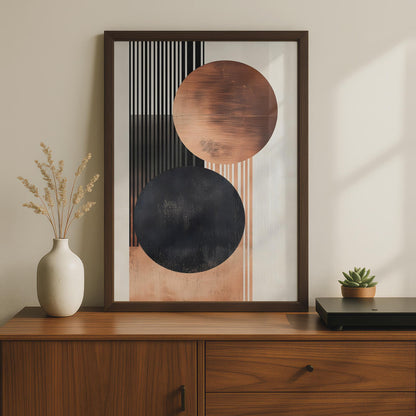 Boho Abstract Wall Art Print, Geometric Circles with Copper and Black, Modern Home Decor wall art print