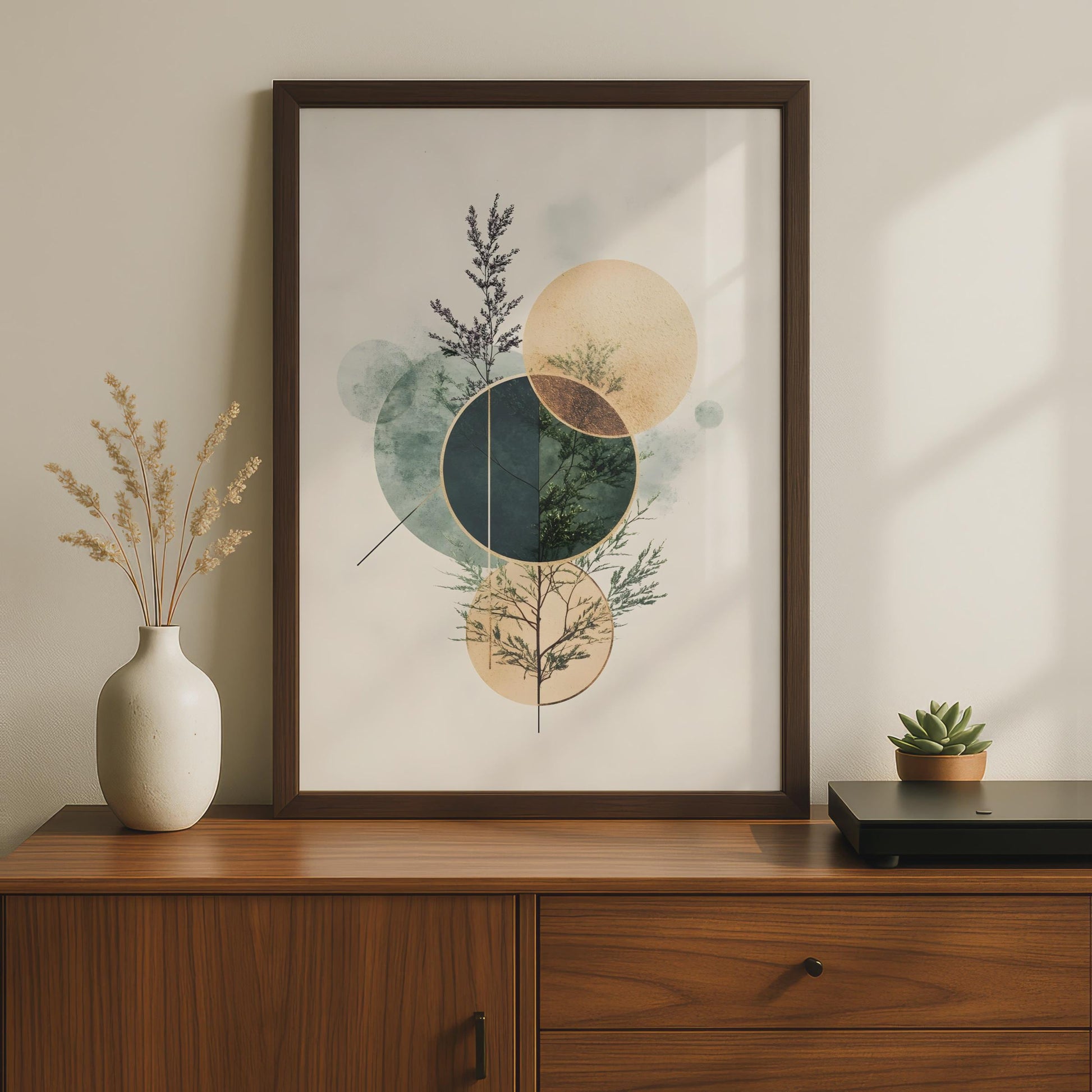 Boho Geometric Wall Art, Leafy Plant Print, Modern Abstract Decor, Circle Design Art Poster wall art print