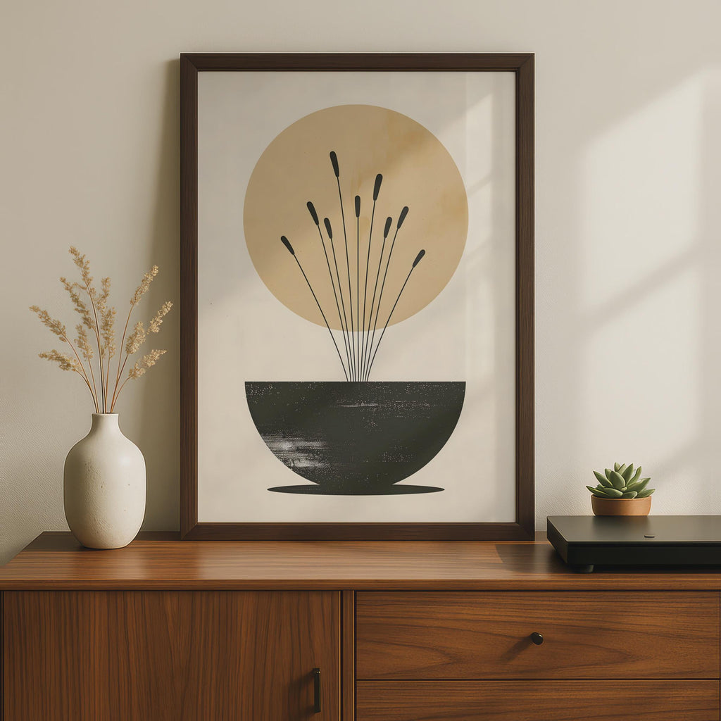 Boho Reed Stems Vase Print, Minimalist Wall Art, Neutral Beige, Abstract Botanical Poster wall art print