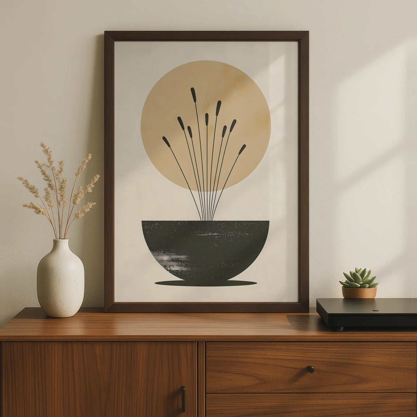 Boho Reed Stems Vase Print, Minimalist Wall Art, Neutral Beige, Abstract Botanical Poster wall art print