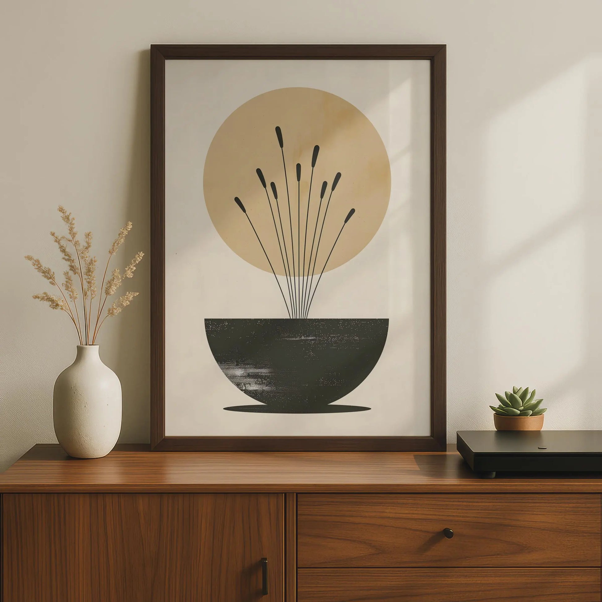 Boho Reed Stems Vase Print, Minimalist Wall Art, Neutral Beige, Abstract Botanical Poster wall art print