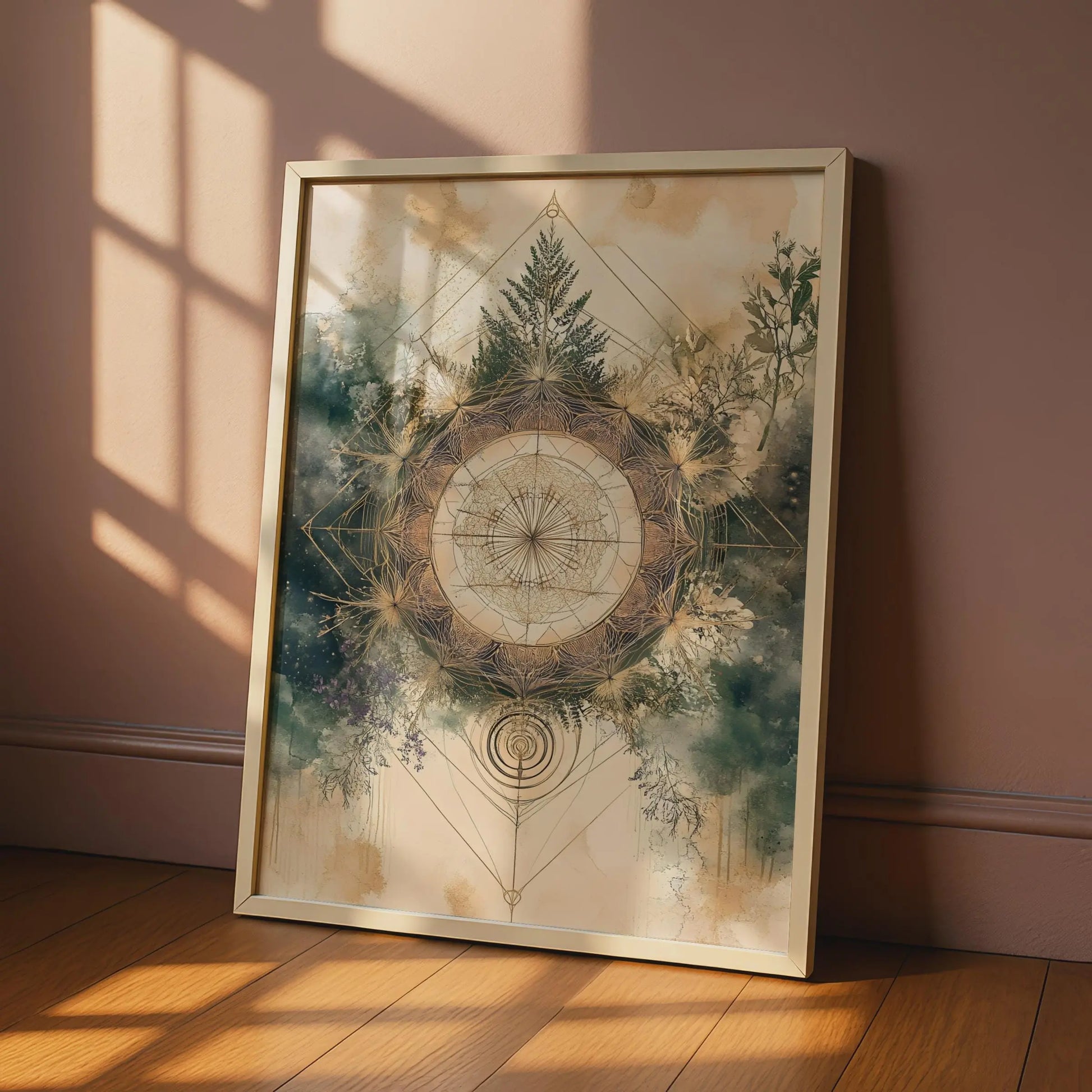 Boho Sacred Geometry Poster, Botanical Mandala Wall Art, Earthy Mystical Print wall art print