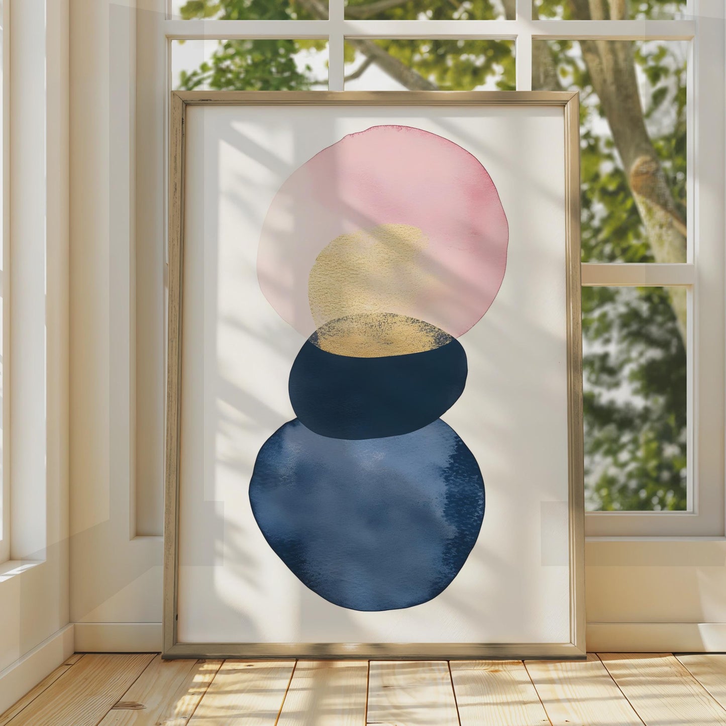 Boho Abstract Wall Art, Watercolour Circles in Pink, Gold, and Blue, Minimalist Decor Print wall art print