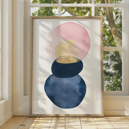 Boho Abstract Wall Art, Watercolour Circles in Pink, Gold, and Blue, Minimalist Decor Print wall art print