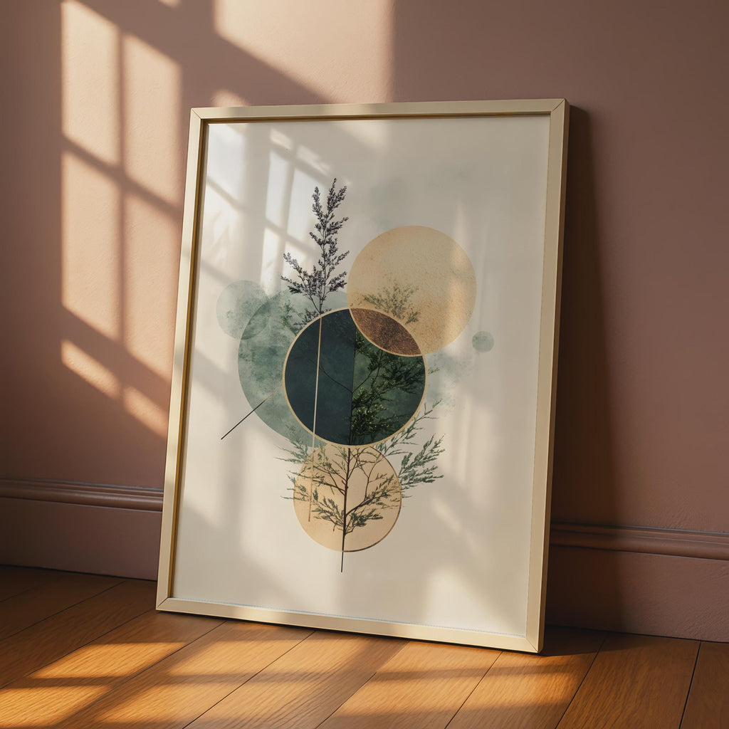Boho Geometric Wall Art, Leafy Plant Print, Modern Abstract Decor, Circle Design Art Poster wall art print