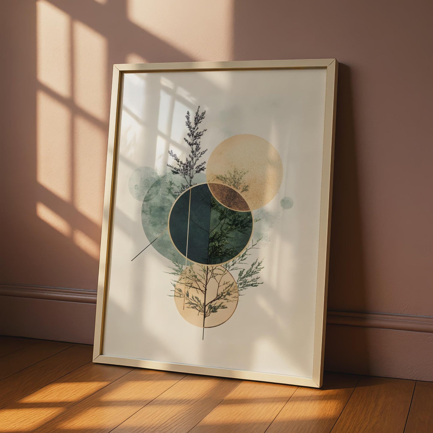 Boho Geometric Wall Art, Leafy Plant Print, Modern Abstract Decor, Circle Design Art Poster wall art print